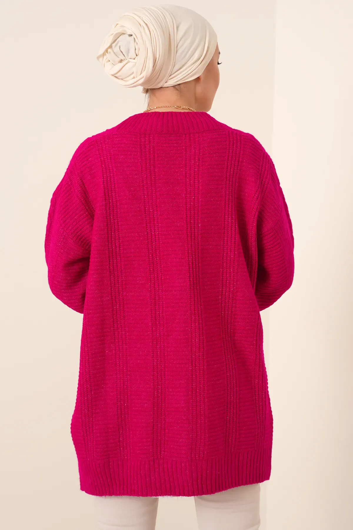 15768 Tesettür Triko Hırka - Koyu Pembe