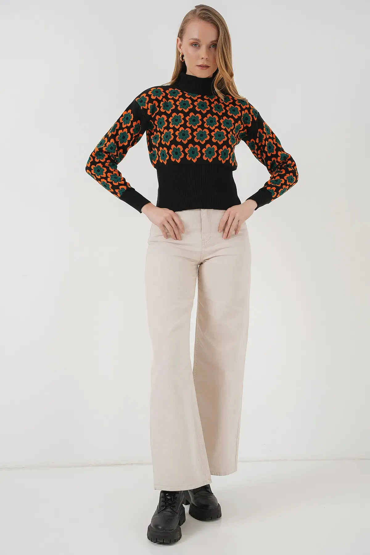 15801 Boğazlı Desenli Crop Kazak - Oranje