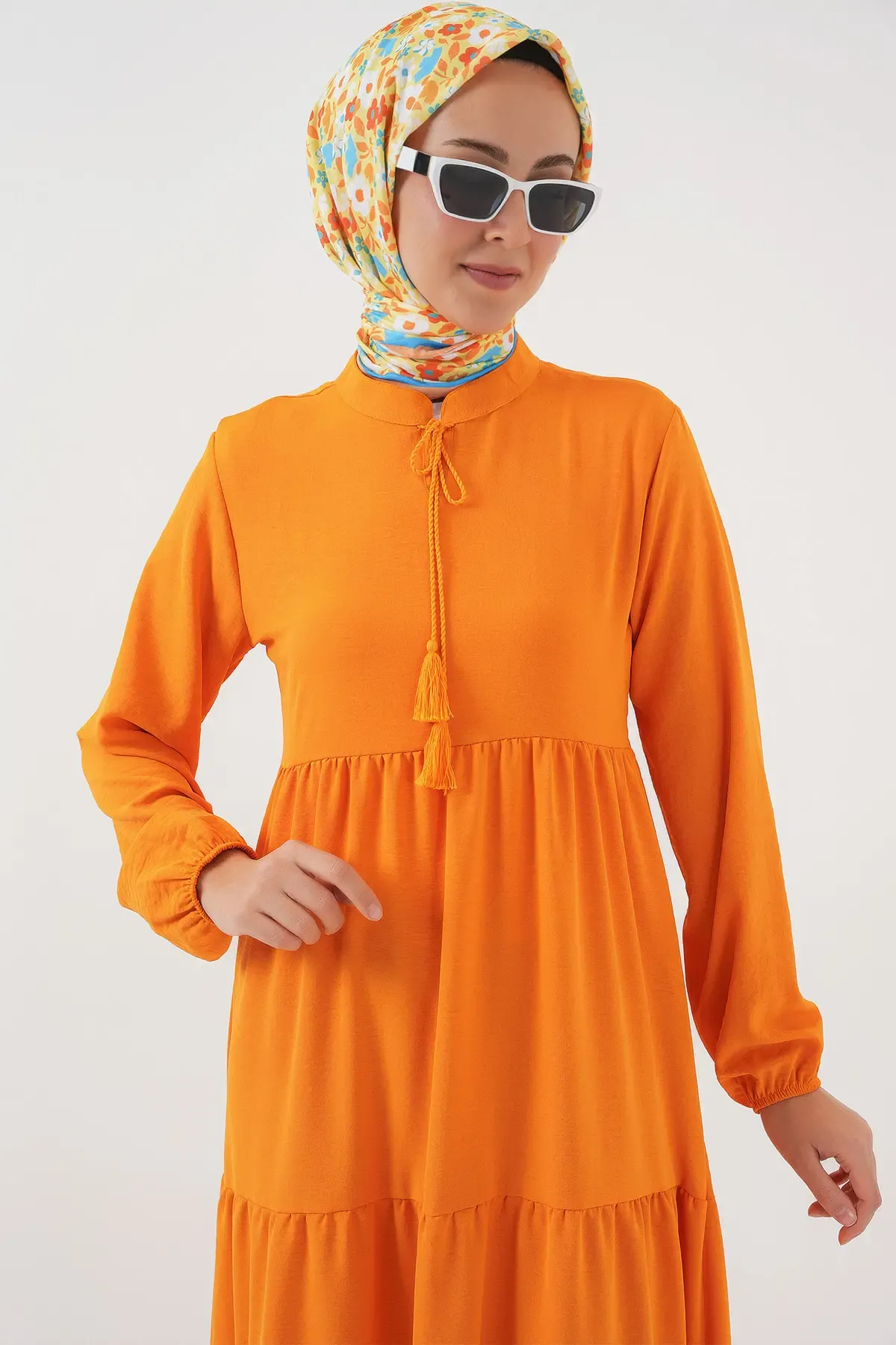 1627 Yaka Bağcıklı Tesettür Elbise - Oranje