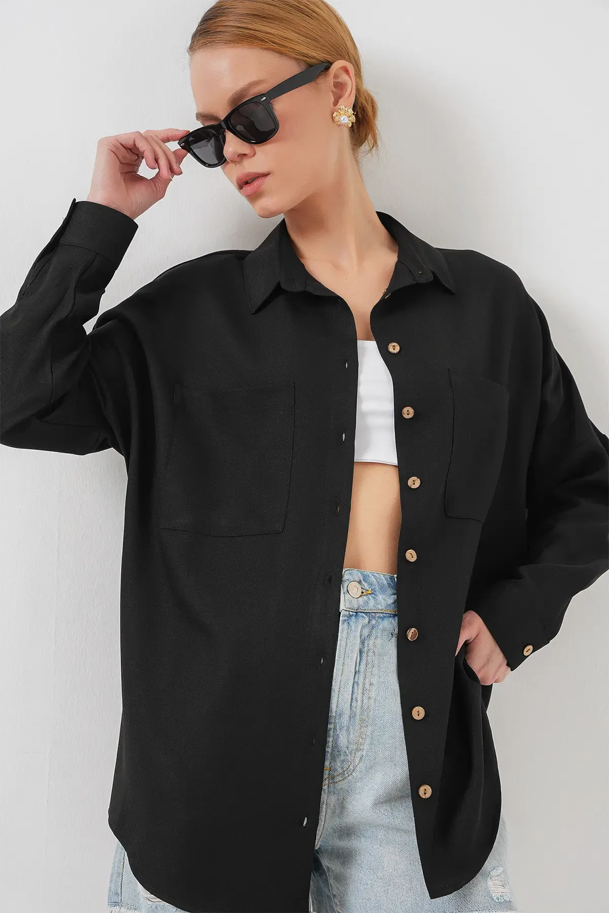 20126 Oversize Keten Gömlek - Siyah