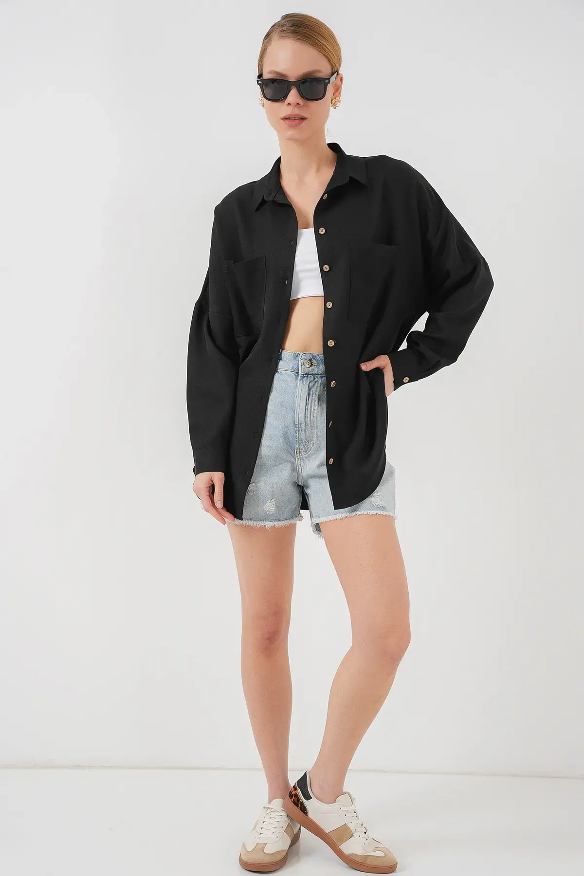 20126 Oversize Keten Gömlek - Siyah