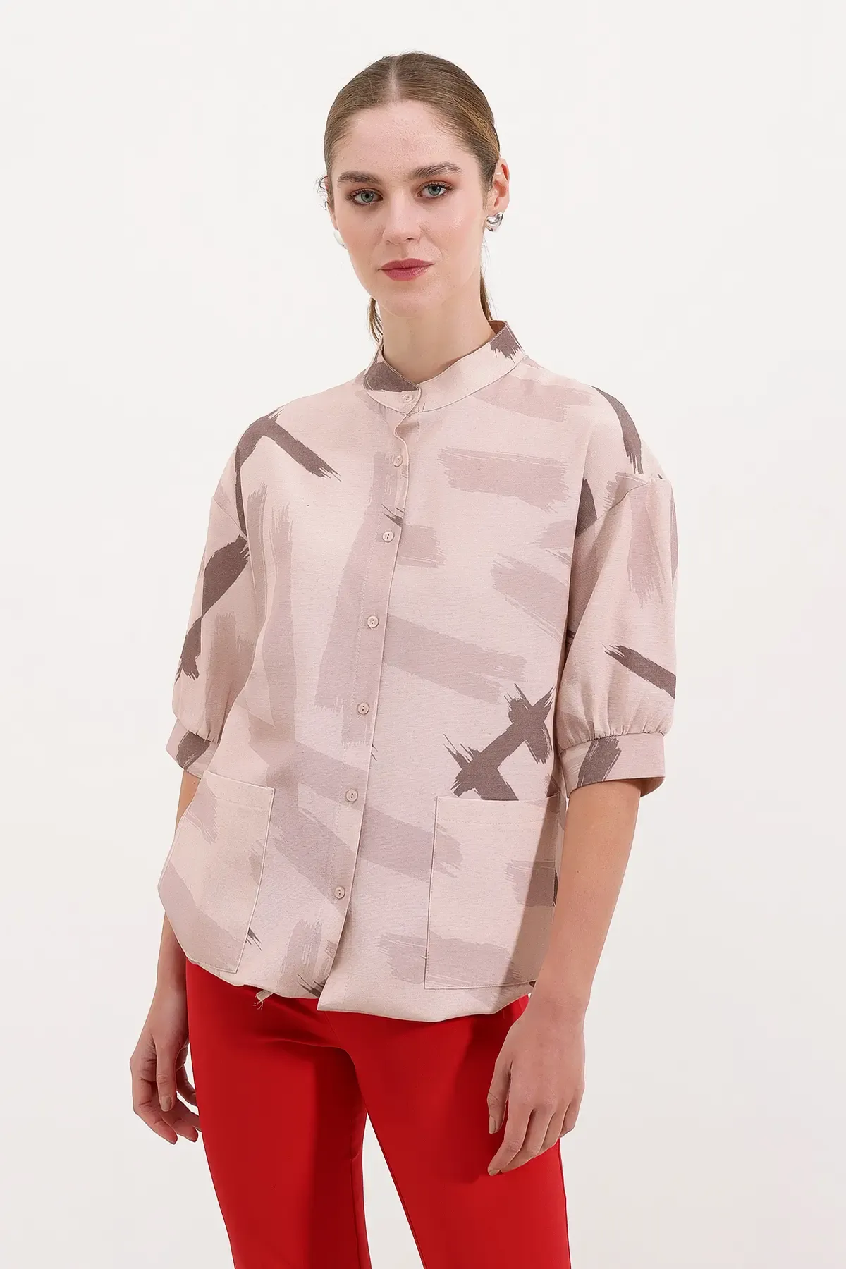 20226 Desenli Oversize Gömlek - Bej
