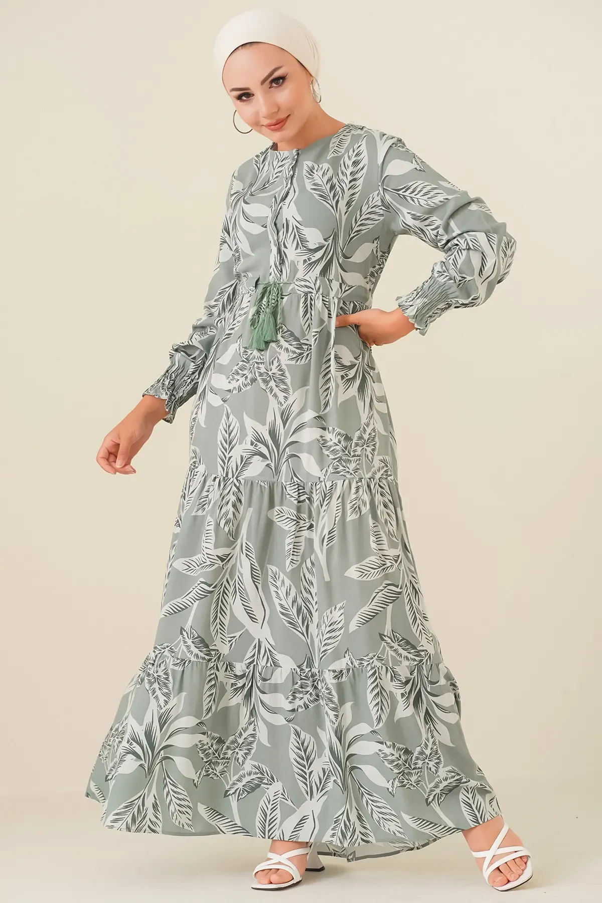 2145 Desenli Tesettür Elbise - Çağla