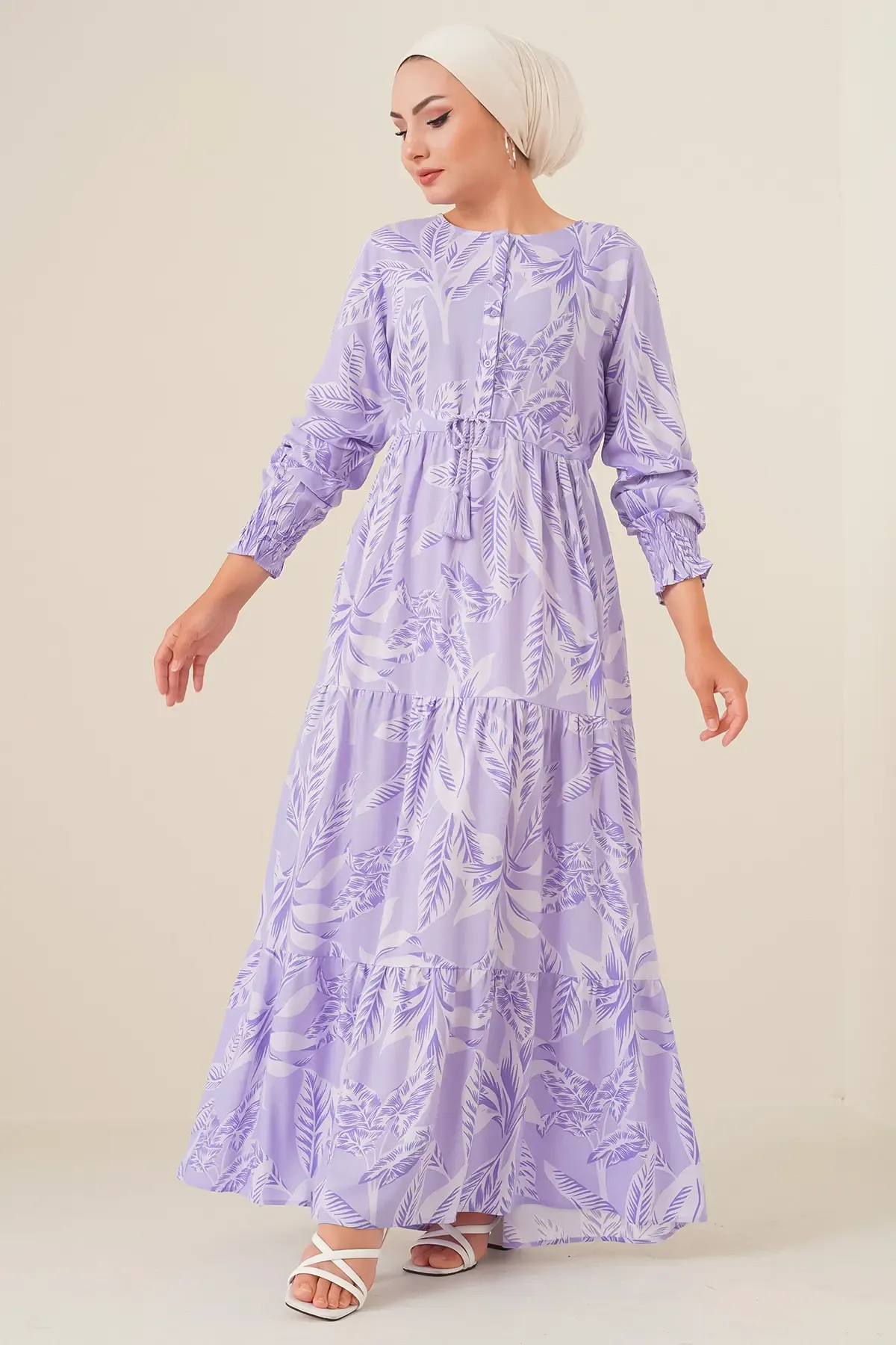 2145 Desenli Tesettür Elbise - Lila