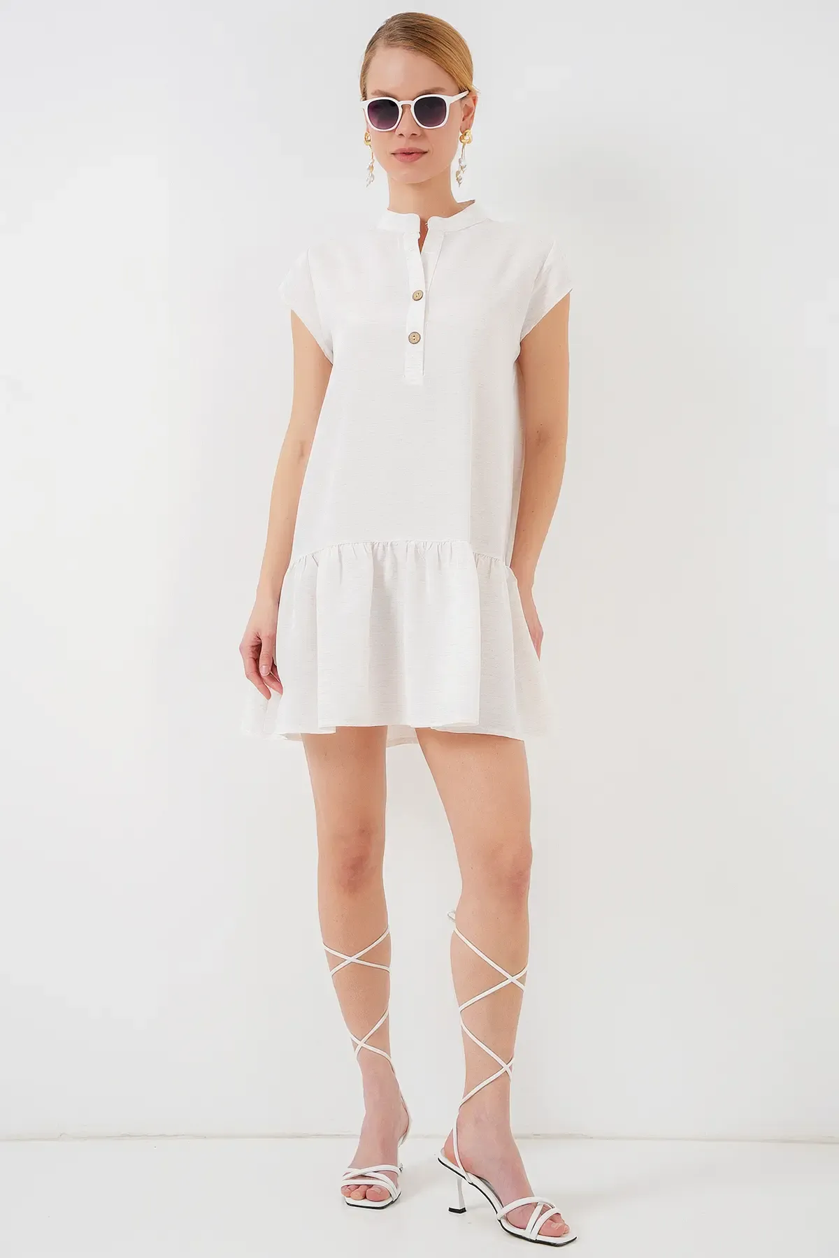 2425 Keten Mini Elbise - Ekru