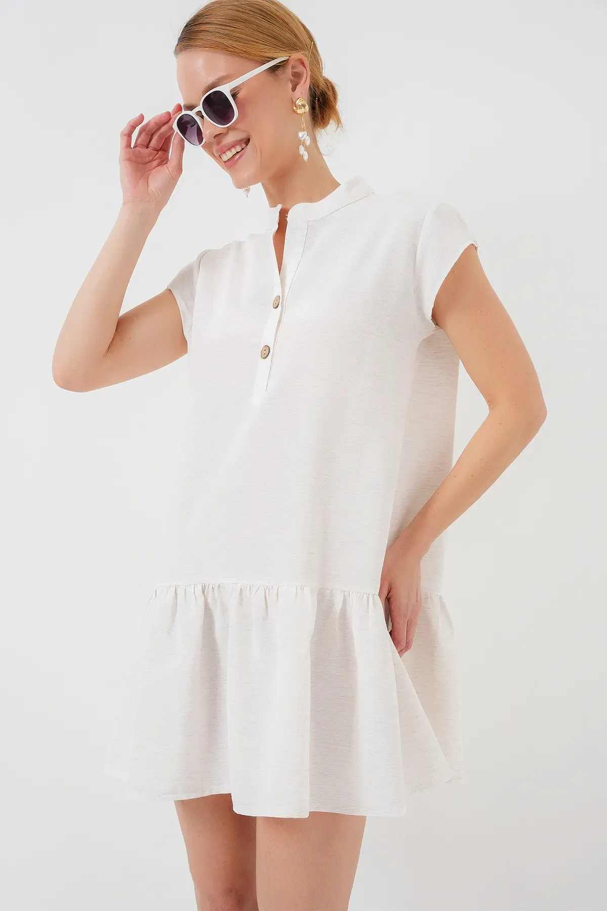 2425 Keten Mini Elbise - Ekru