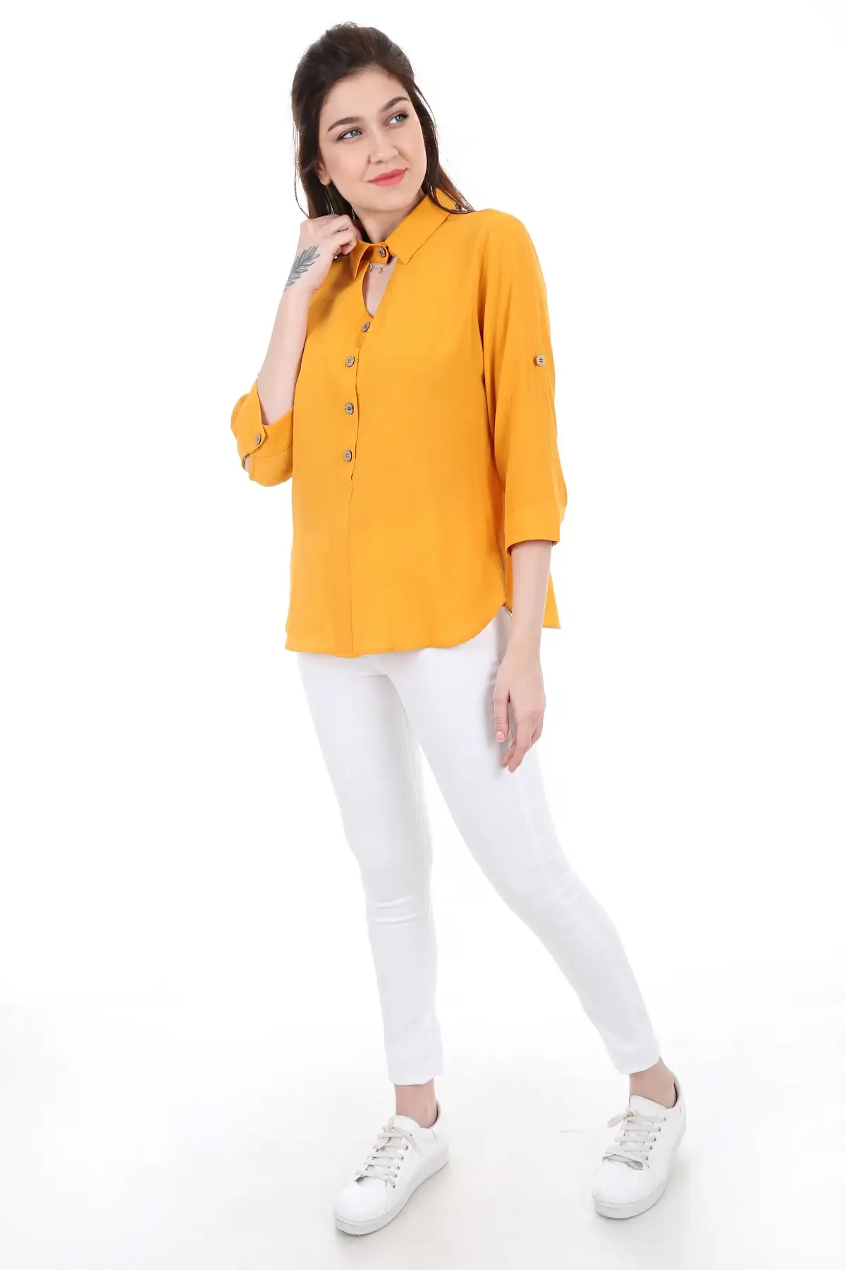 3658 GÖMLEK YAKA TAHTA DÜĞME BLUZ - Hardal