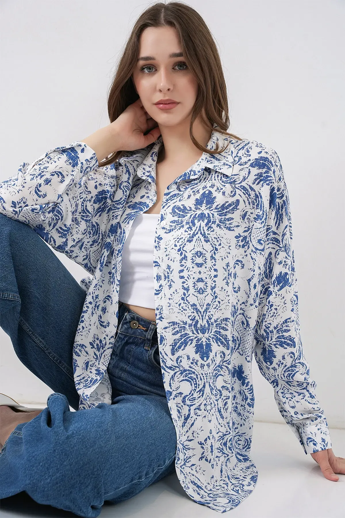 3721 Grafik Desenli Gömlek - Açık Mavi