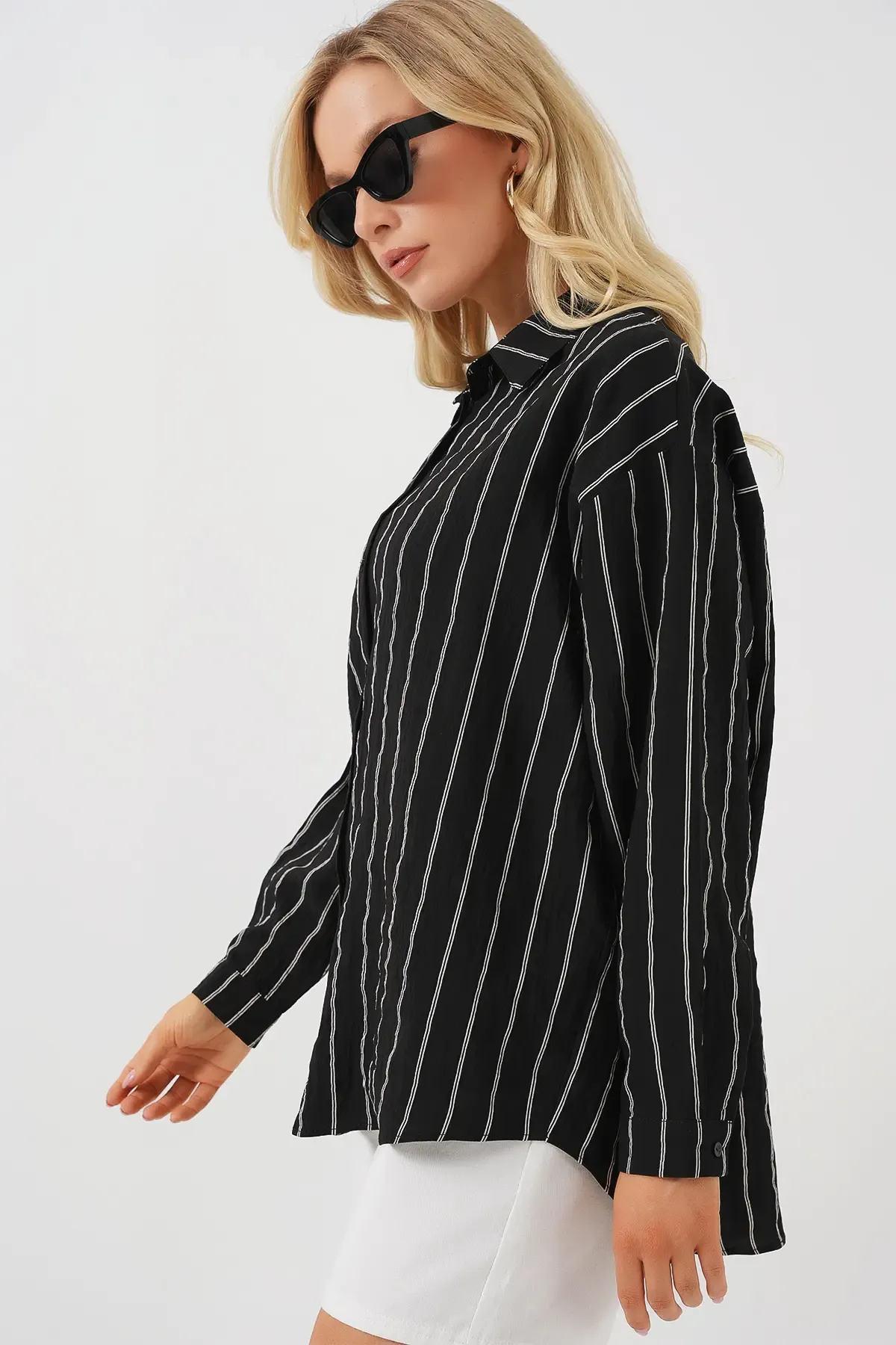3900 Oversize Uzun Basic Gömlek - C. Siyah