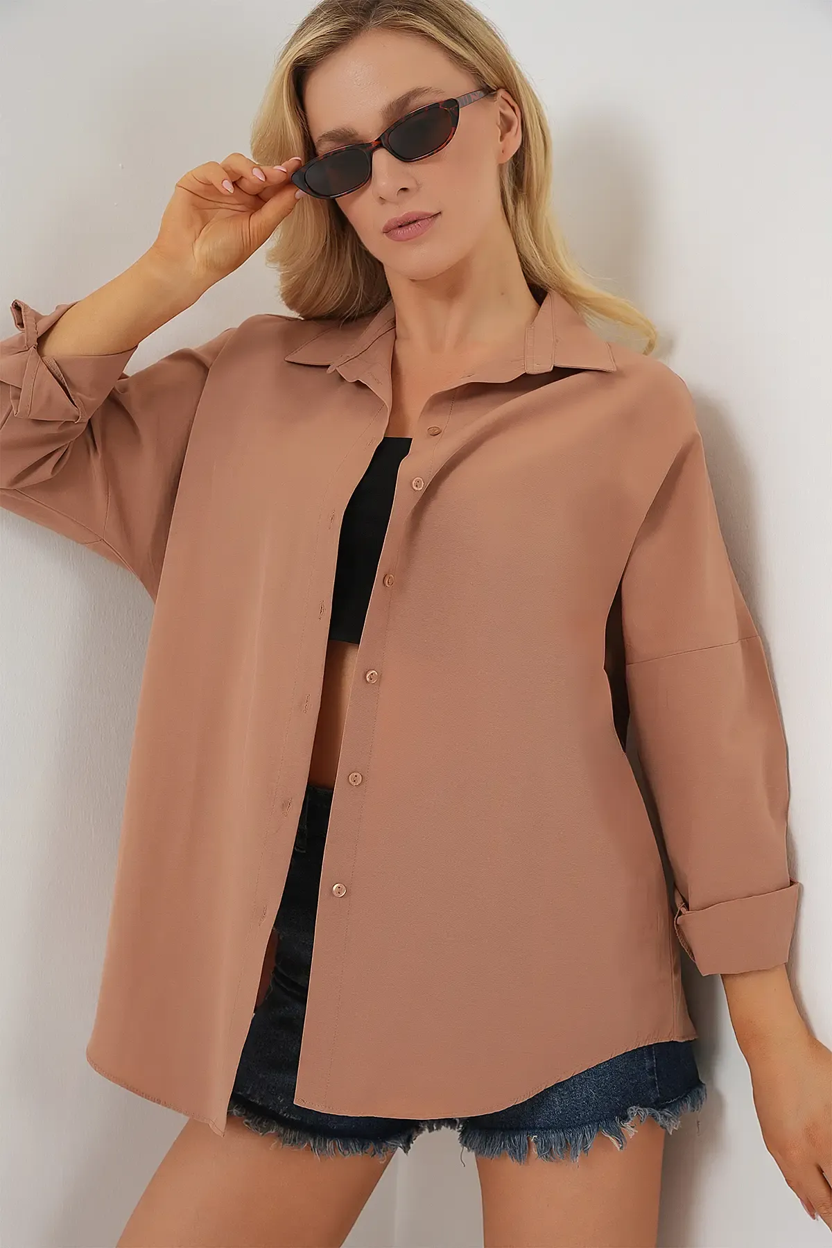 3900 Oversize Uzun Basic Gömlek - Camel