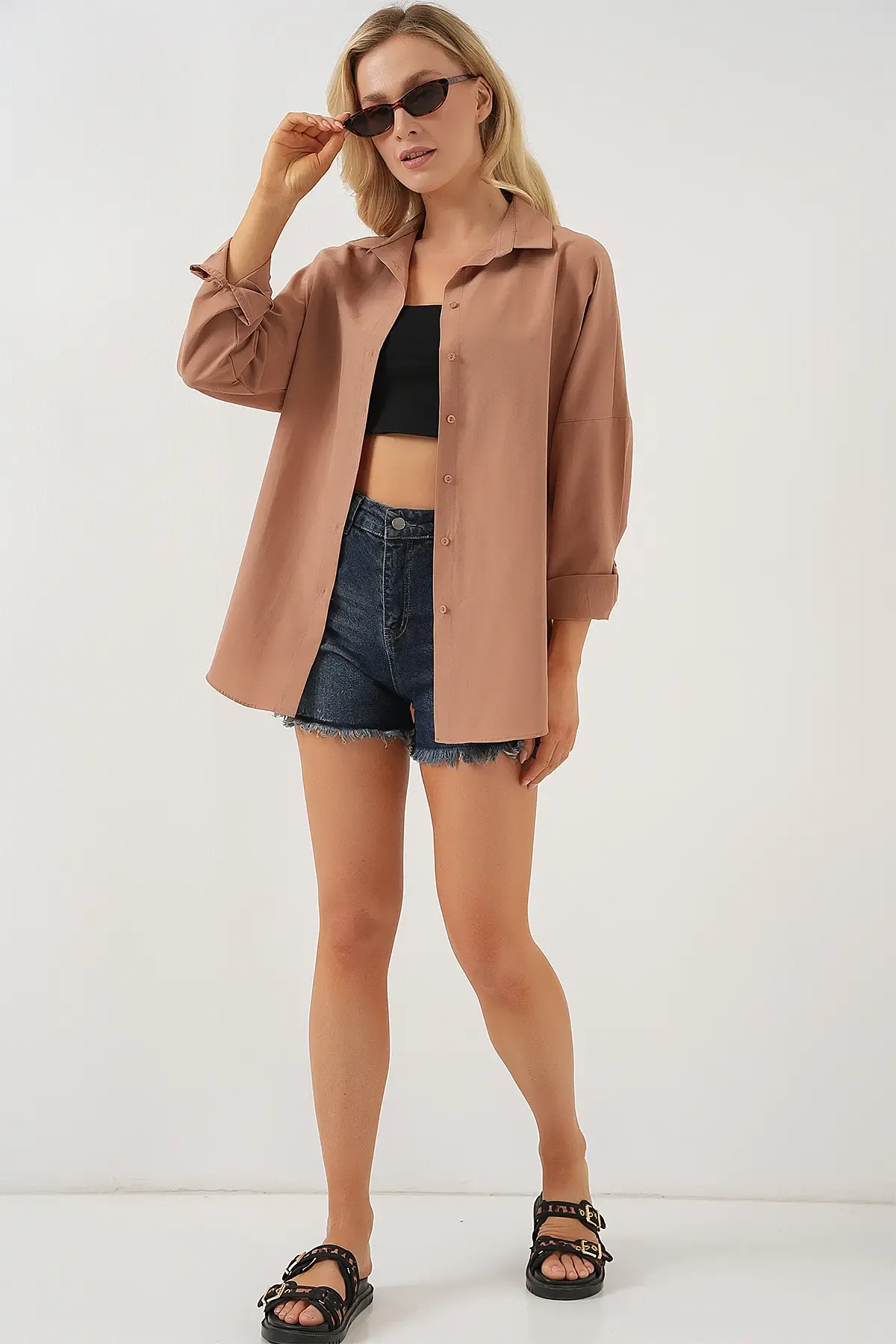 3900 Oversize Uzun Basic Gömlek - Camel