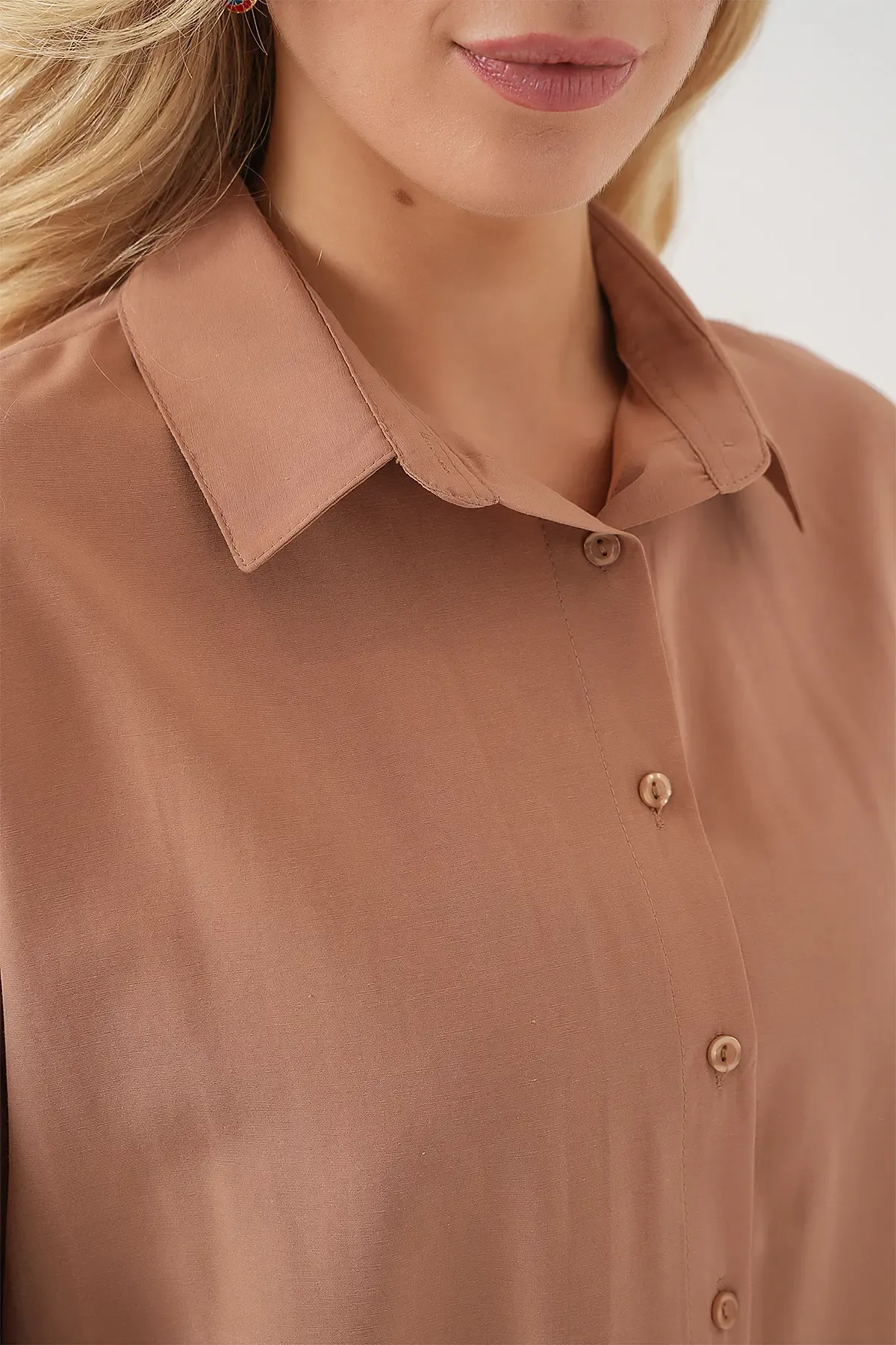 3900 Oversize Uzun Basic Gömlek - Camel