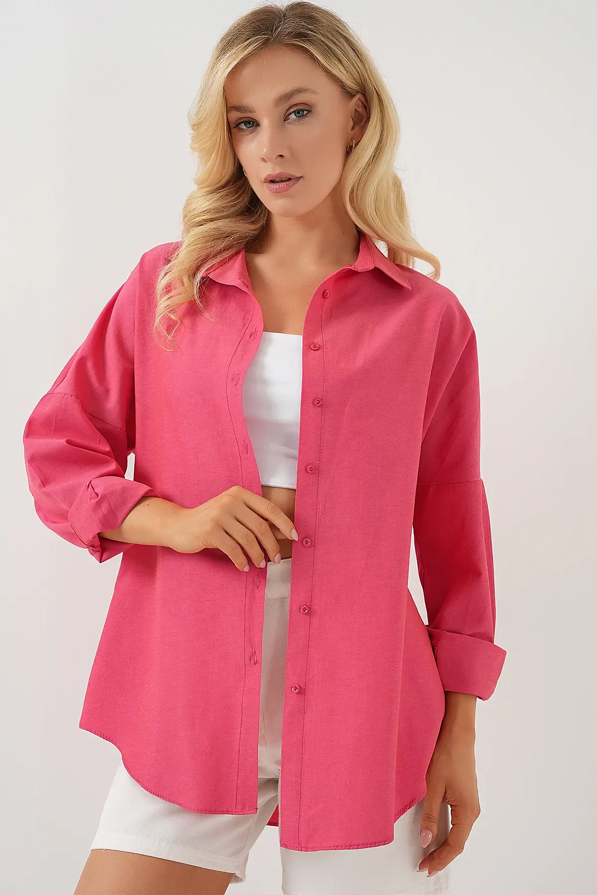 3900 Oversize Uzun Basic Gömlek - Nar