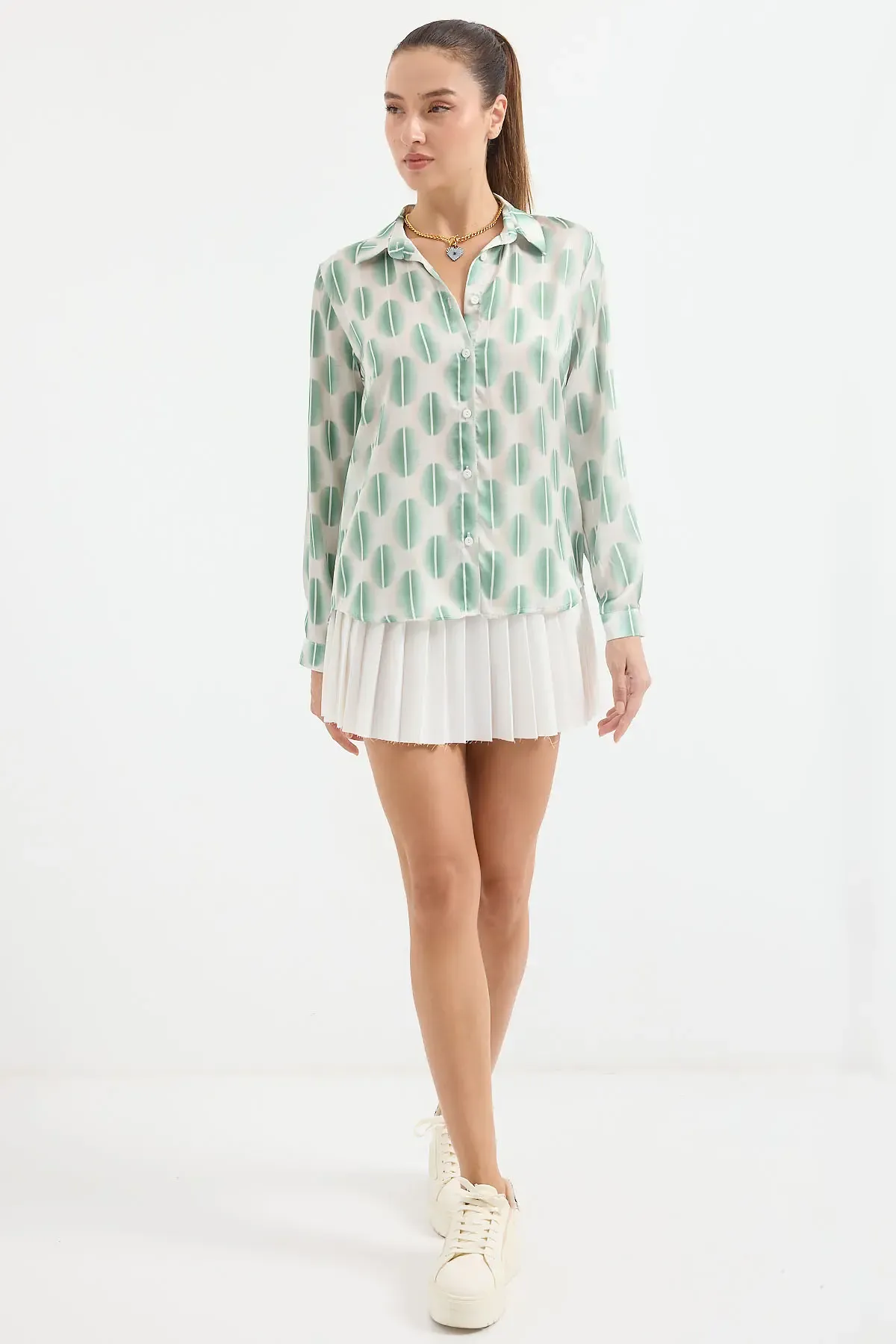 3964 Hafif Dökümlü Saten Gömlek - B. Haki