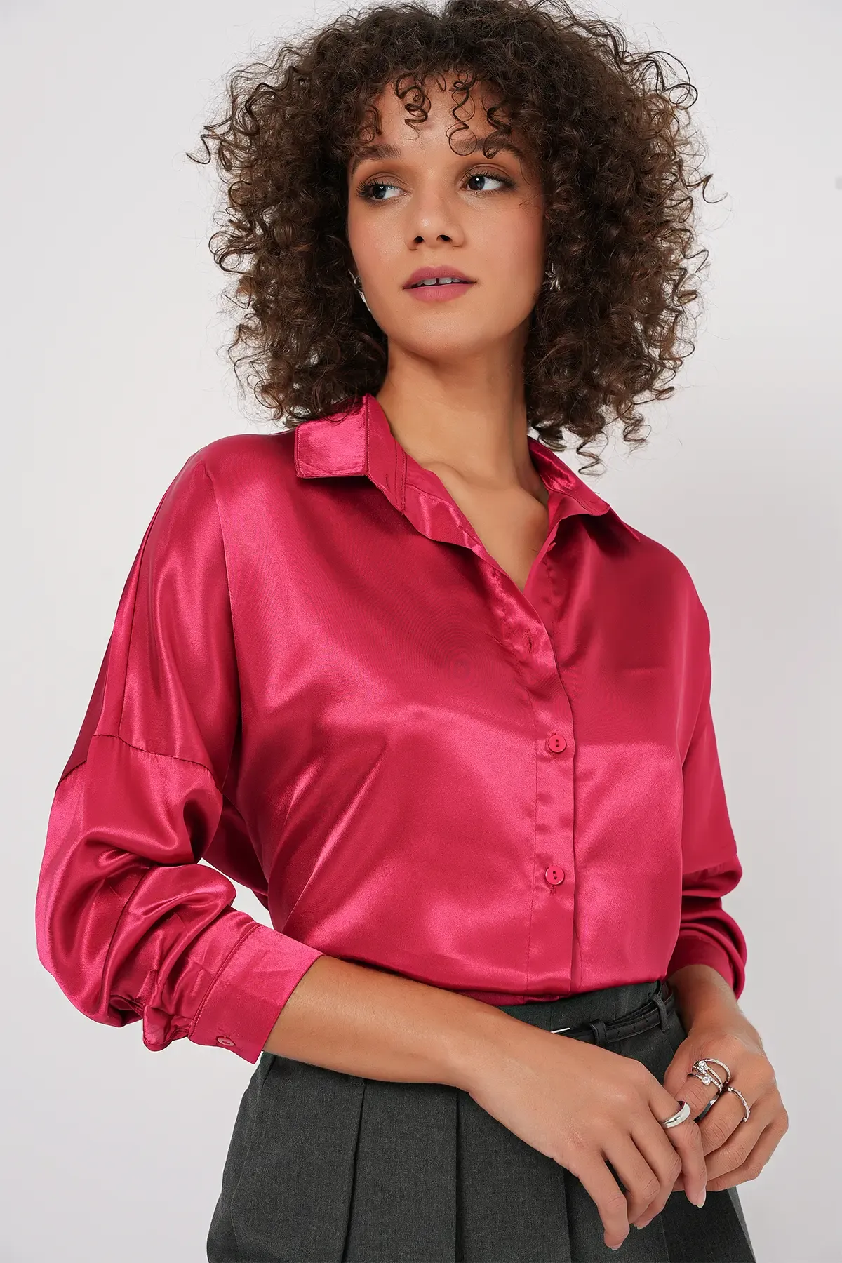 3985 Oversize Saten Gömlek - Bordo