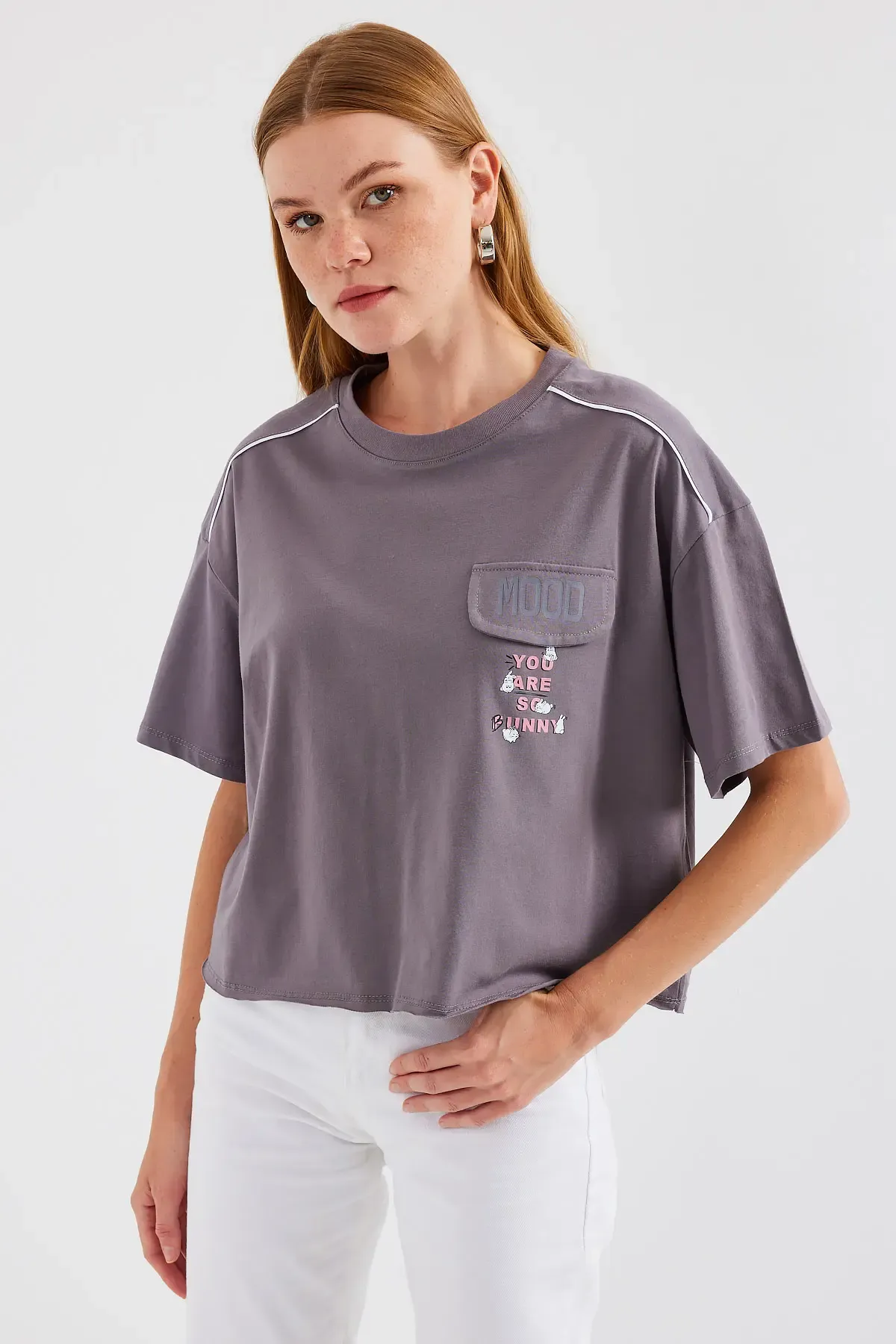 4321 Cep Detaylı Oversize Tişört - Gri