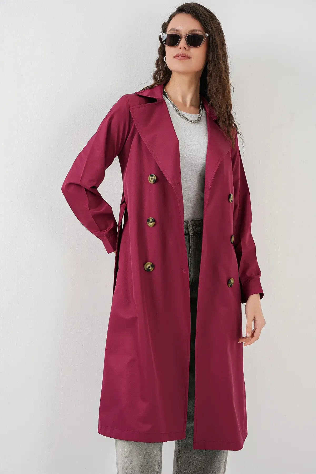 5853 Kruvaze Yaka Trençkot - Bordo