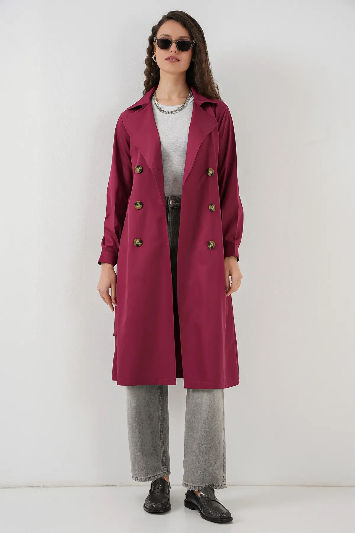 5853 Kruvaze Yaka Trençkot - Bordo