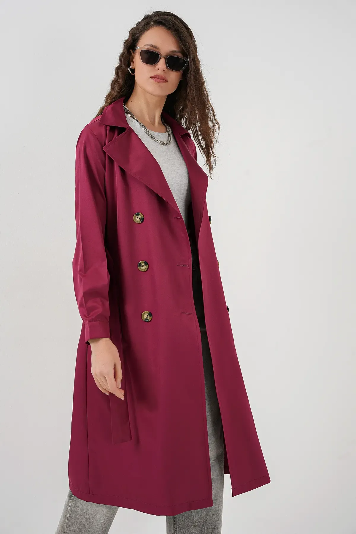 5853 Kruvaze Yaka Trençkot - Bordo