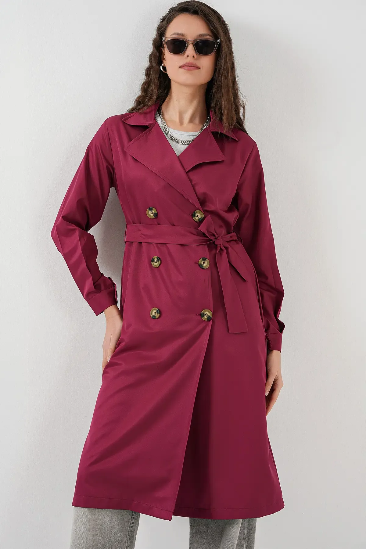 5853 Kruvaze Yaka Trençkot - Bordo