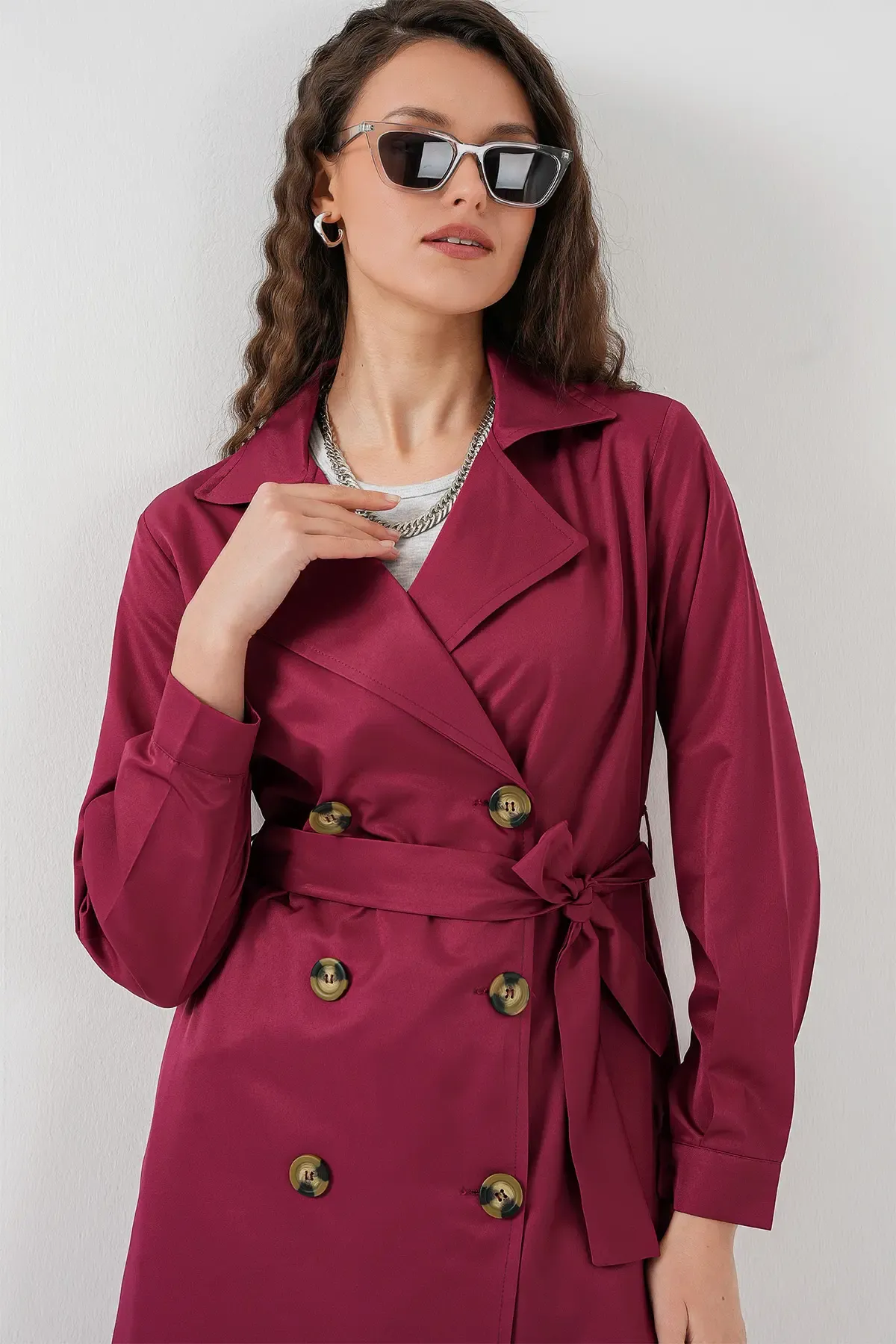 5853 Kruvaze Yaka Trençkot - Bordo