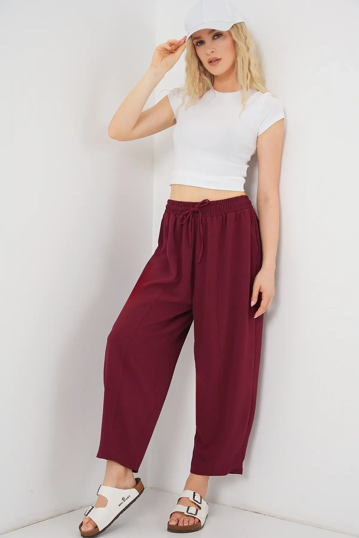 6591 Dokuma Şalvar Pantolon - Bordo