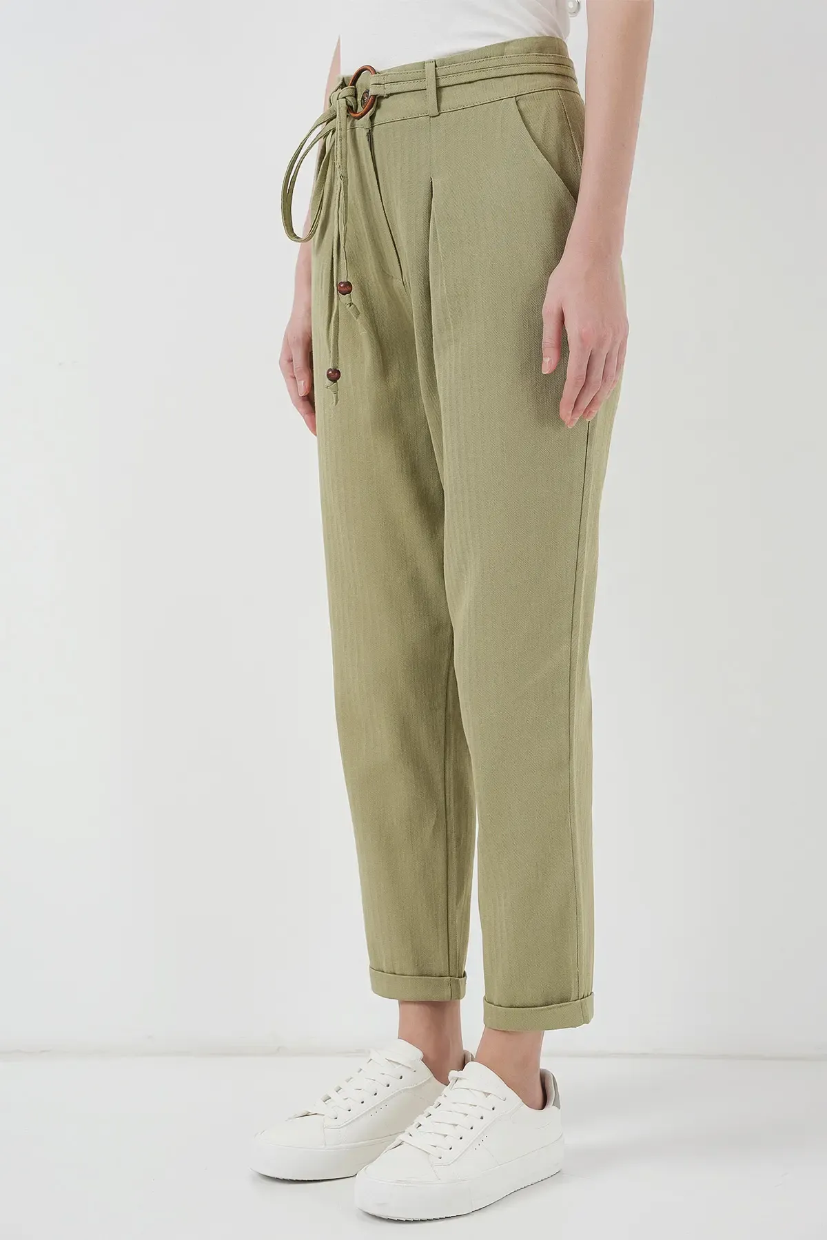 6660 Kemerli Keten Pantolon - Haki