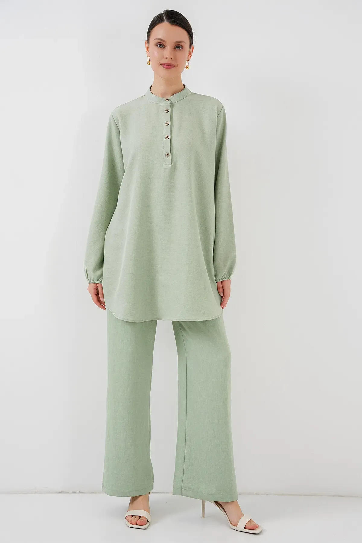 6678 Keten Tunik Pantolon İkili Takım - E.Yeşil