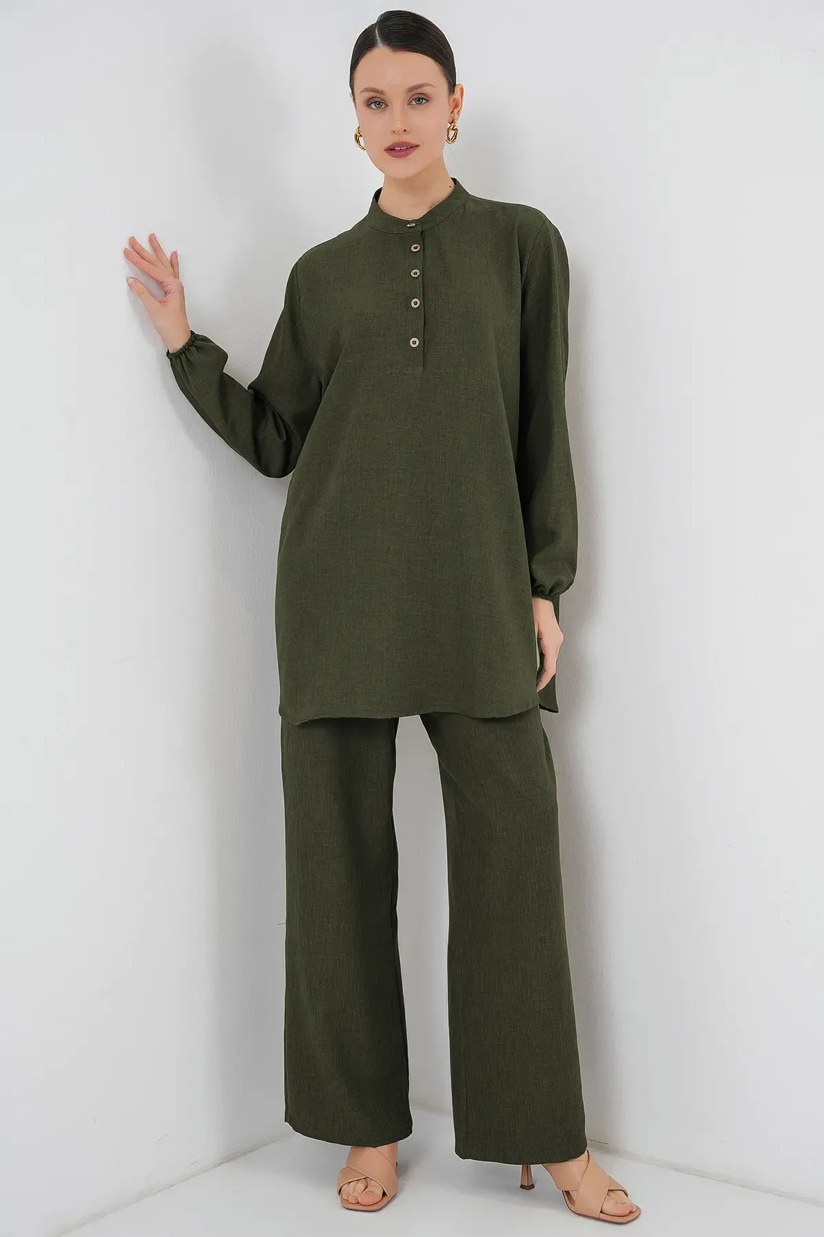 6678 Keten Tunik Pantolon İkili Takım - Haki
