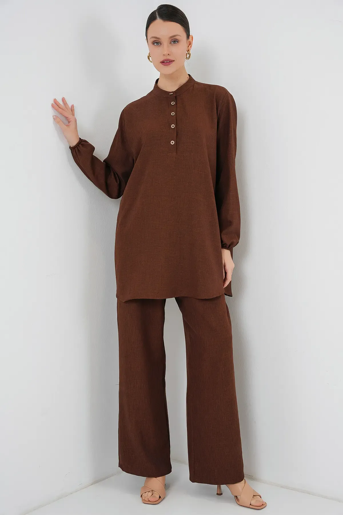 6678 Keten Tunik Pantolon İkili Takım - Kahverengi