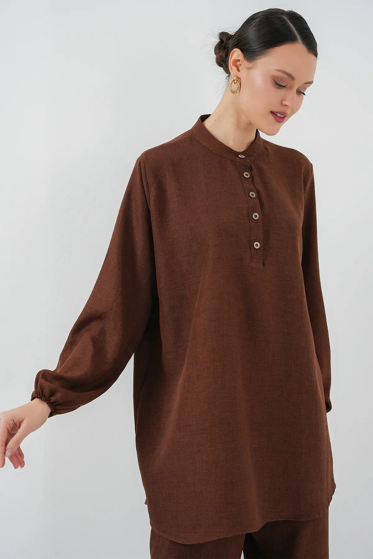 6678 Keten Tunik Pantolon İkili Takım - Kahverengi
