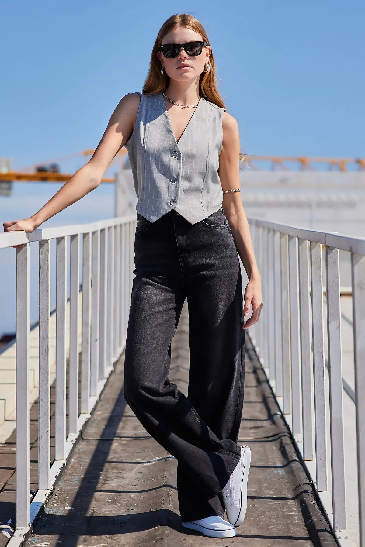 6794 Çizgili Dokuma Yelek - Gri