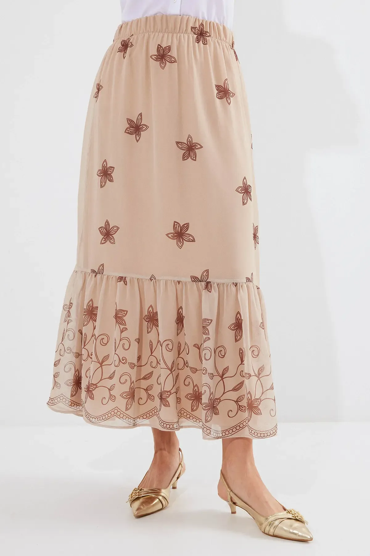 8010 Desenli Şifon Etek - Vizon