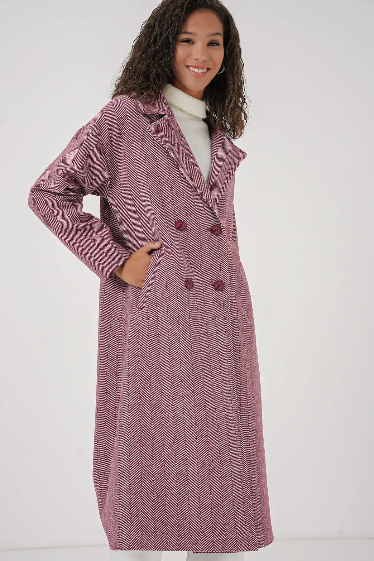 9113 Oversize Geniş Kesim Yünlü Uzun Kaşe Kaban - Bordo