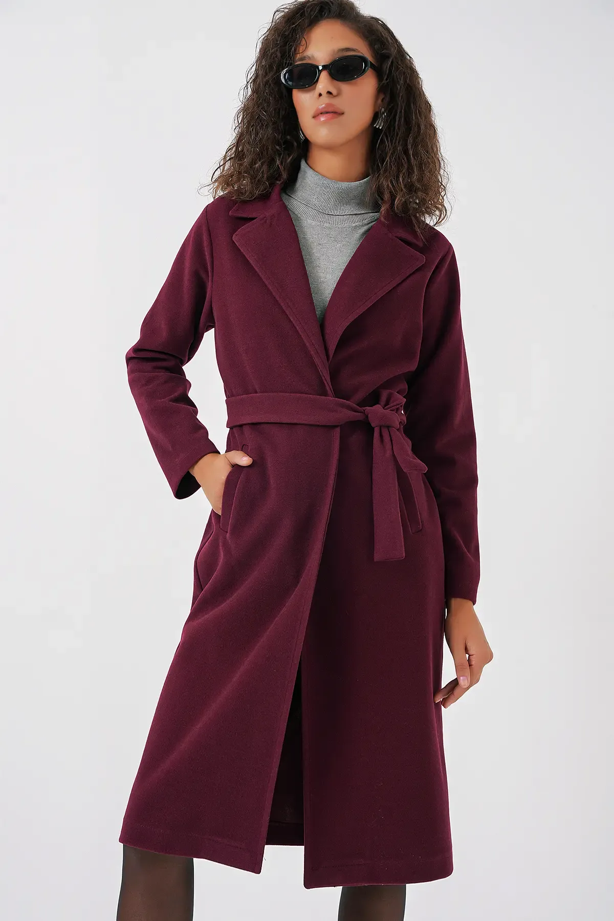 9118 Kruvaze Yaka Kaşe Kaban - Bordo