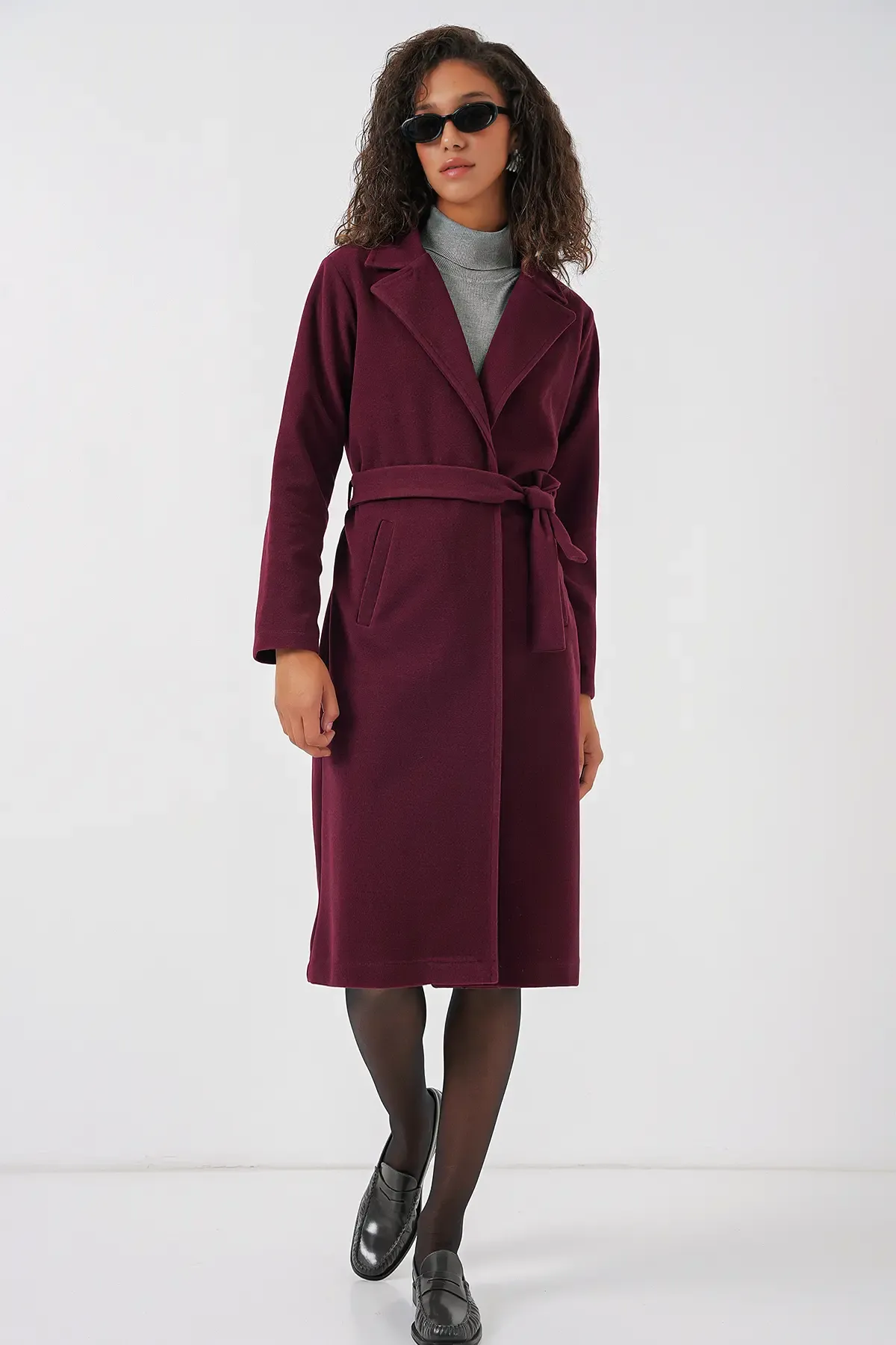 9118 Kruvaze Yaka Kaşe Kaban - Bordo
