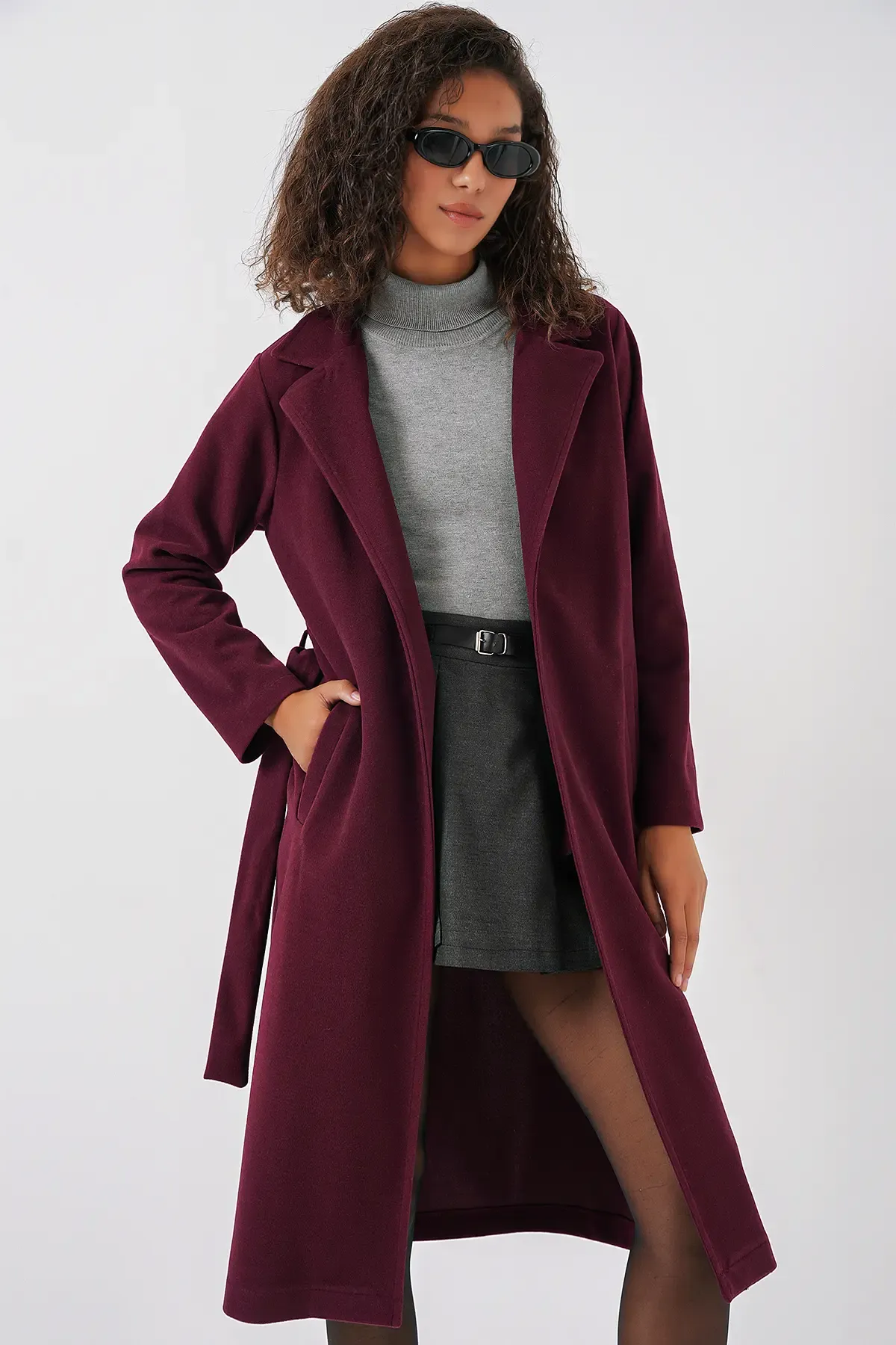 9118 Kruvaze Yaka Kaşe Kaban - Bordo