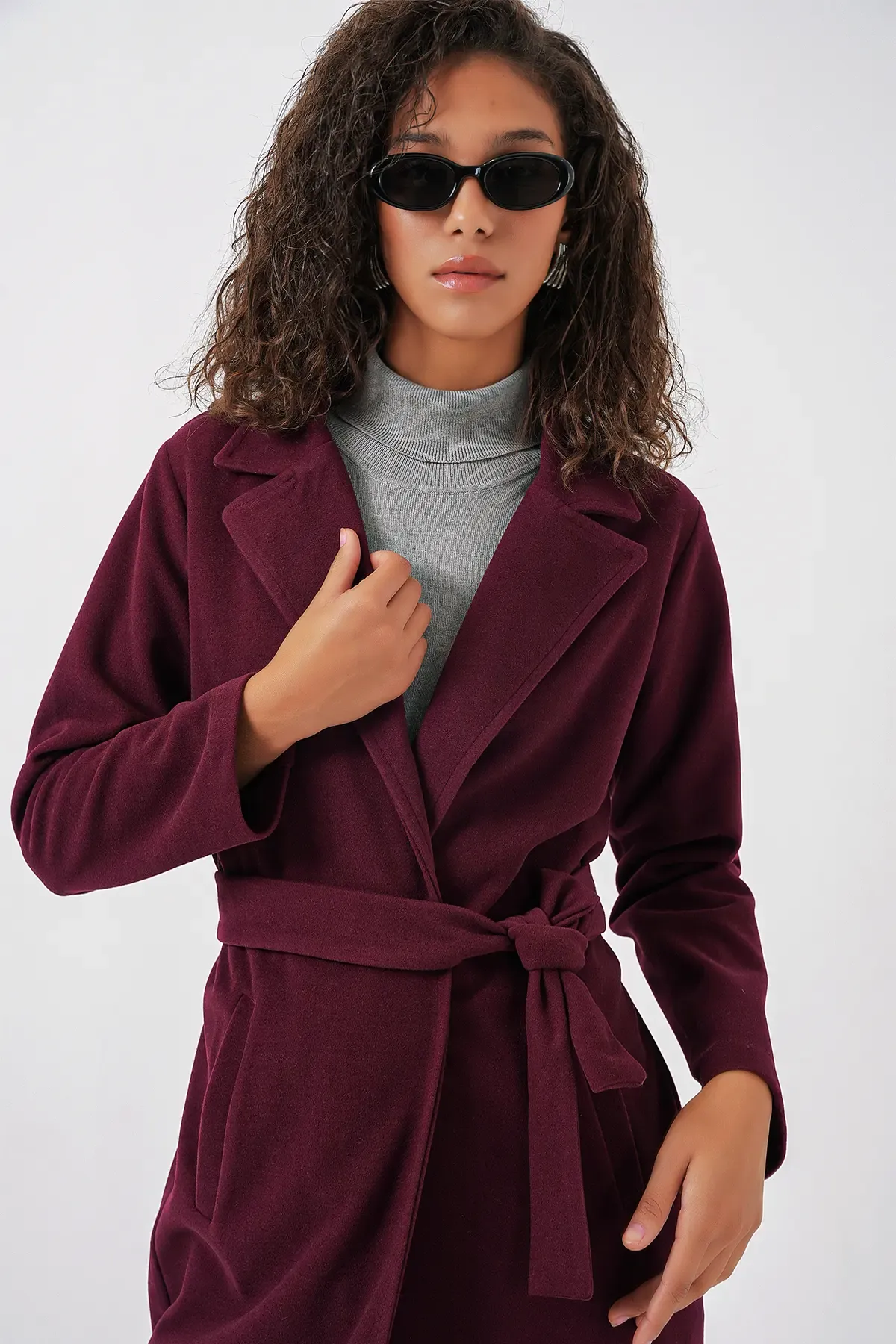 9118 Kruvaze Yaka Kaşe Kaban - Bordo