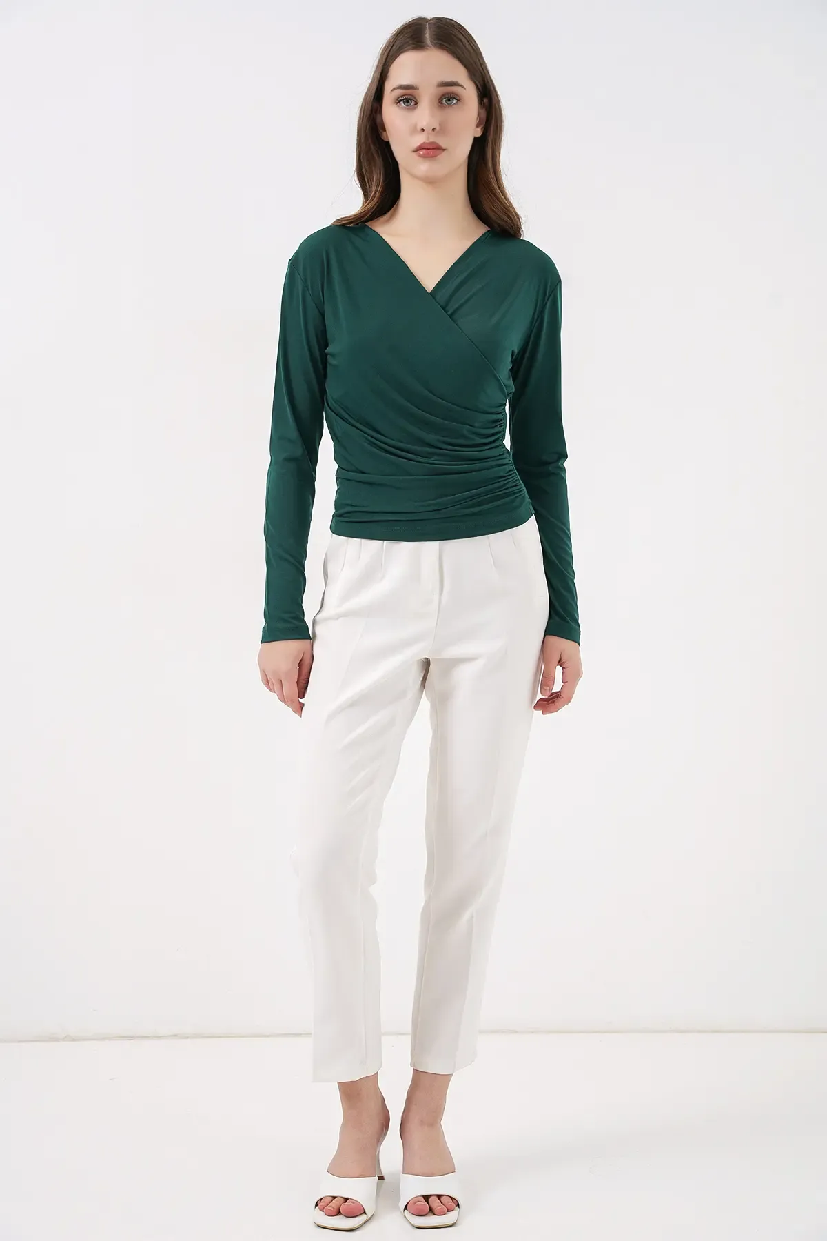 939 Anvelop Yaka Sandy Bluz - Zümrüt Yeşili