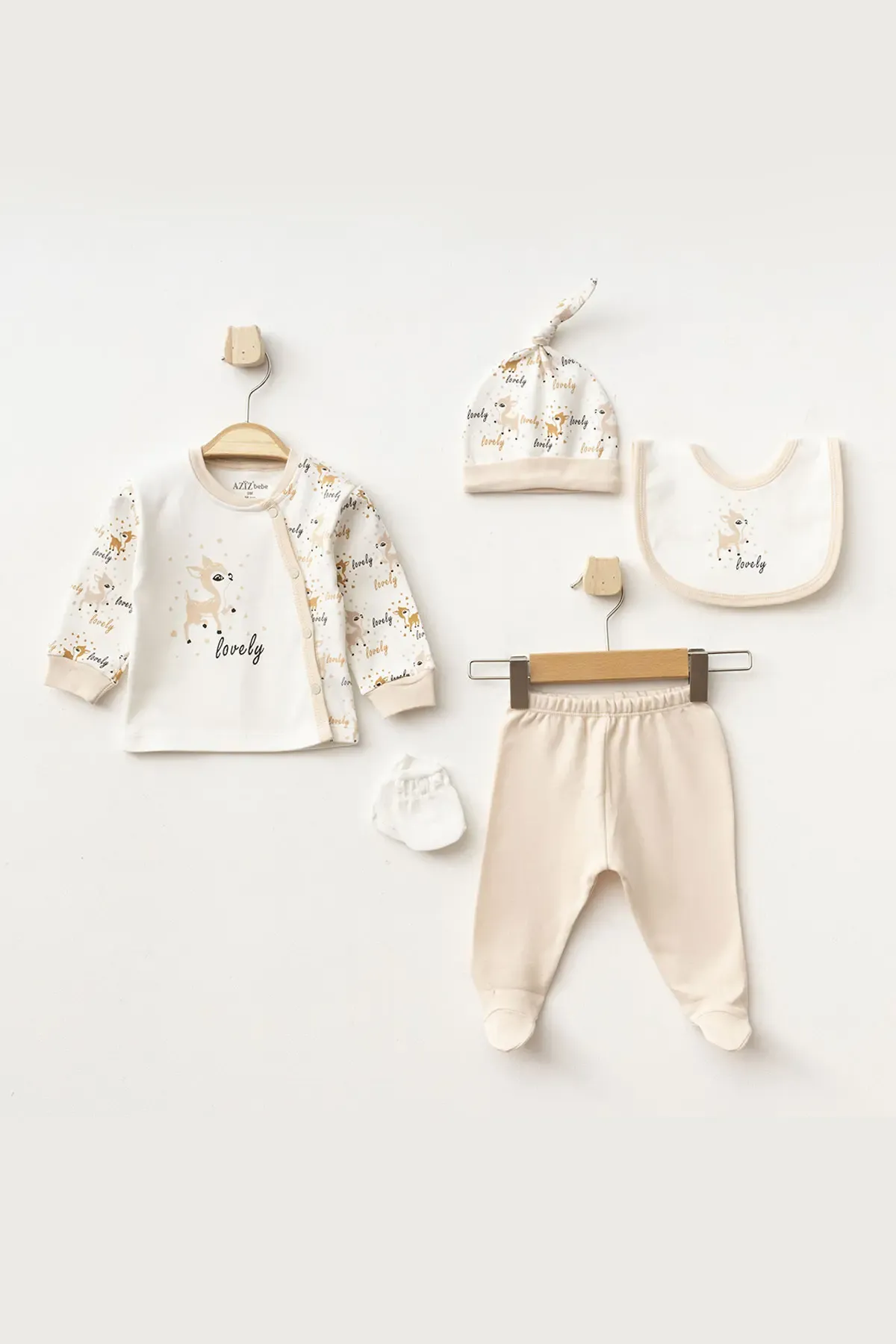 Aziz Bebe Kız Bebek Animal Desenli % 100 Pamuk 5  Li Hastane Çıkış Seti 0 Ay - 3 Ay