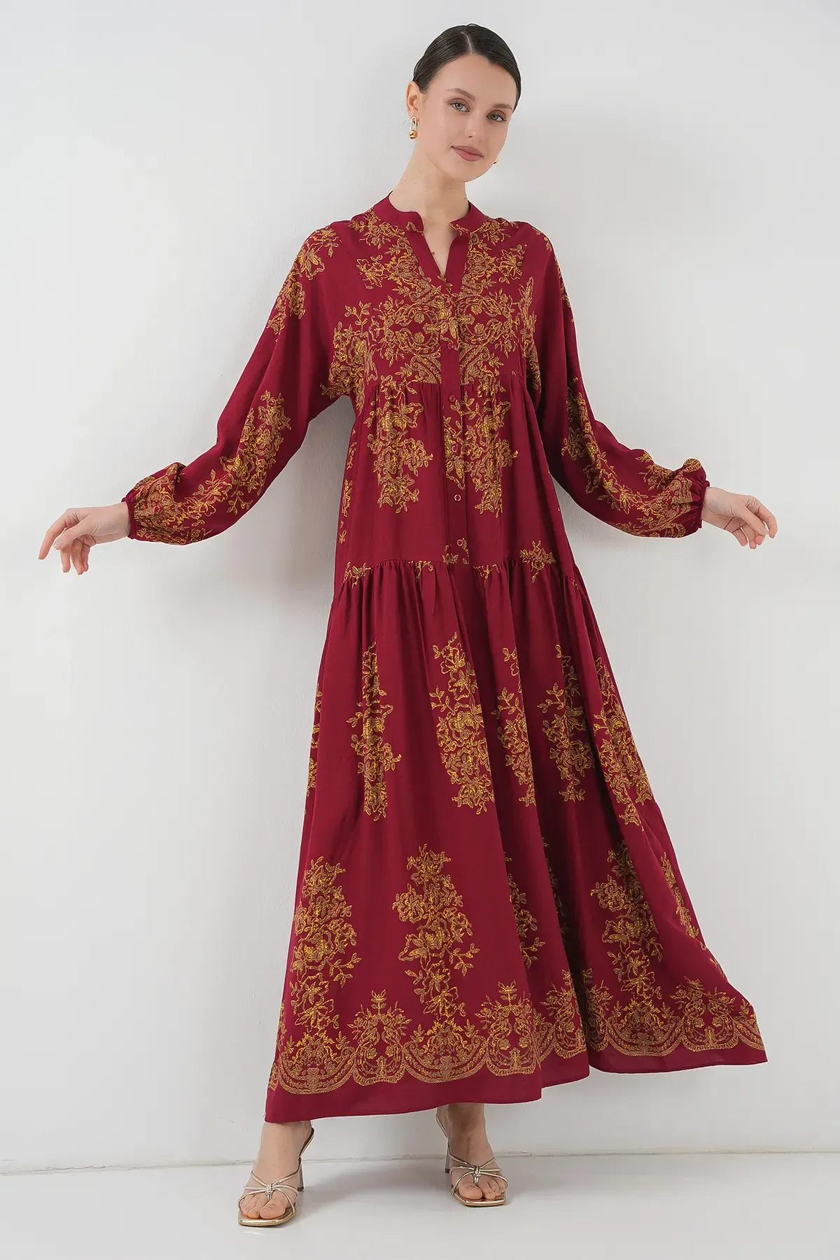 Bordo Gold Desenli Tesettür Elbise 2423