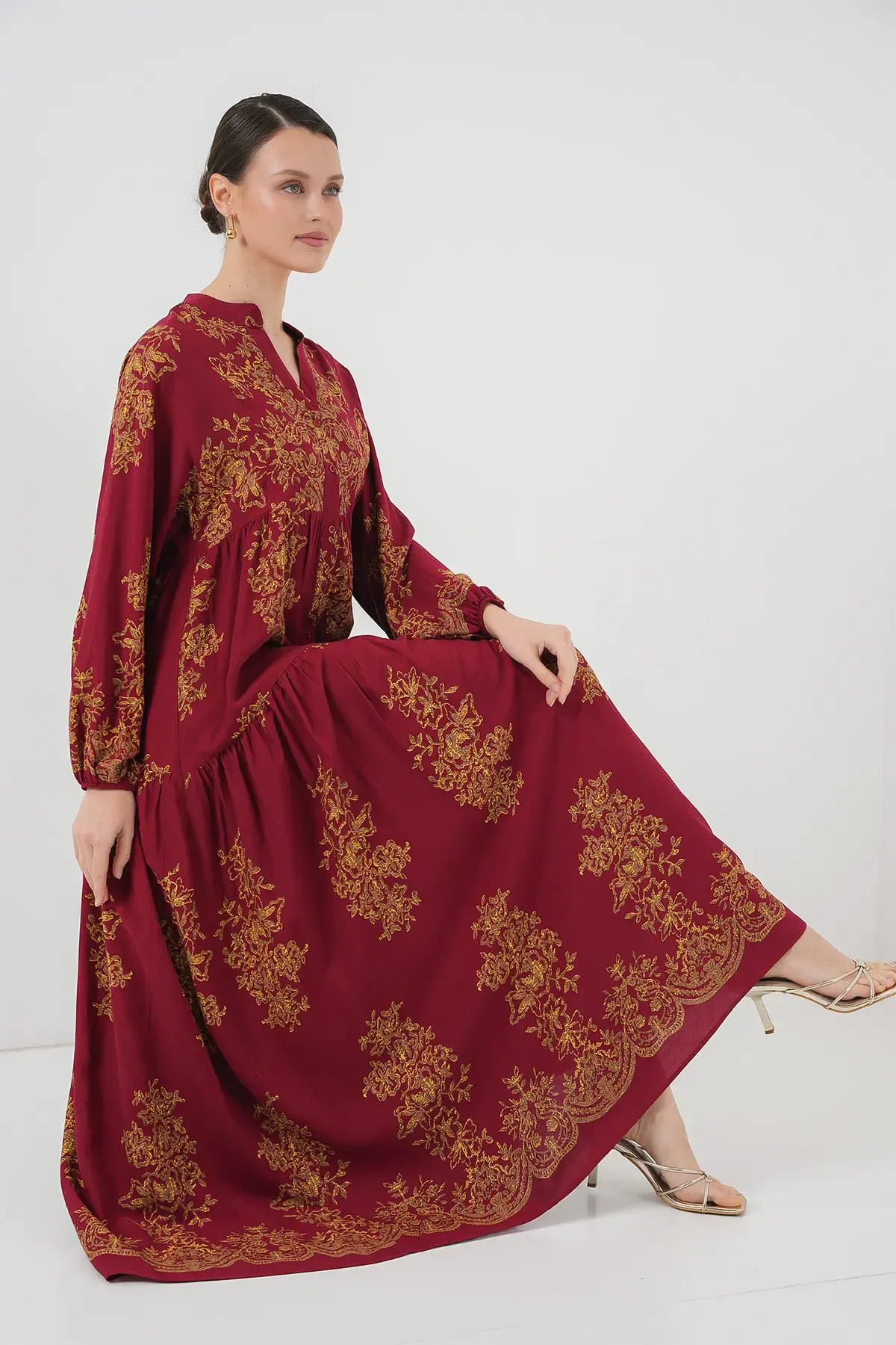 Bordo Gold Desenli Tesettür Elbise 2423