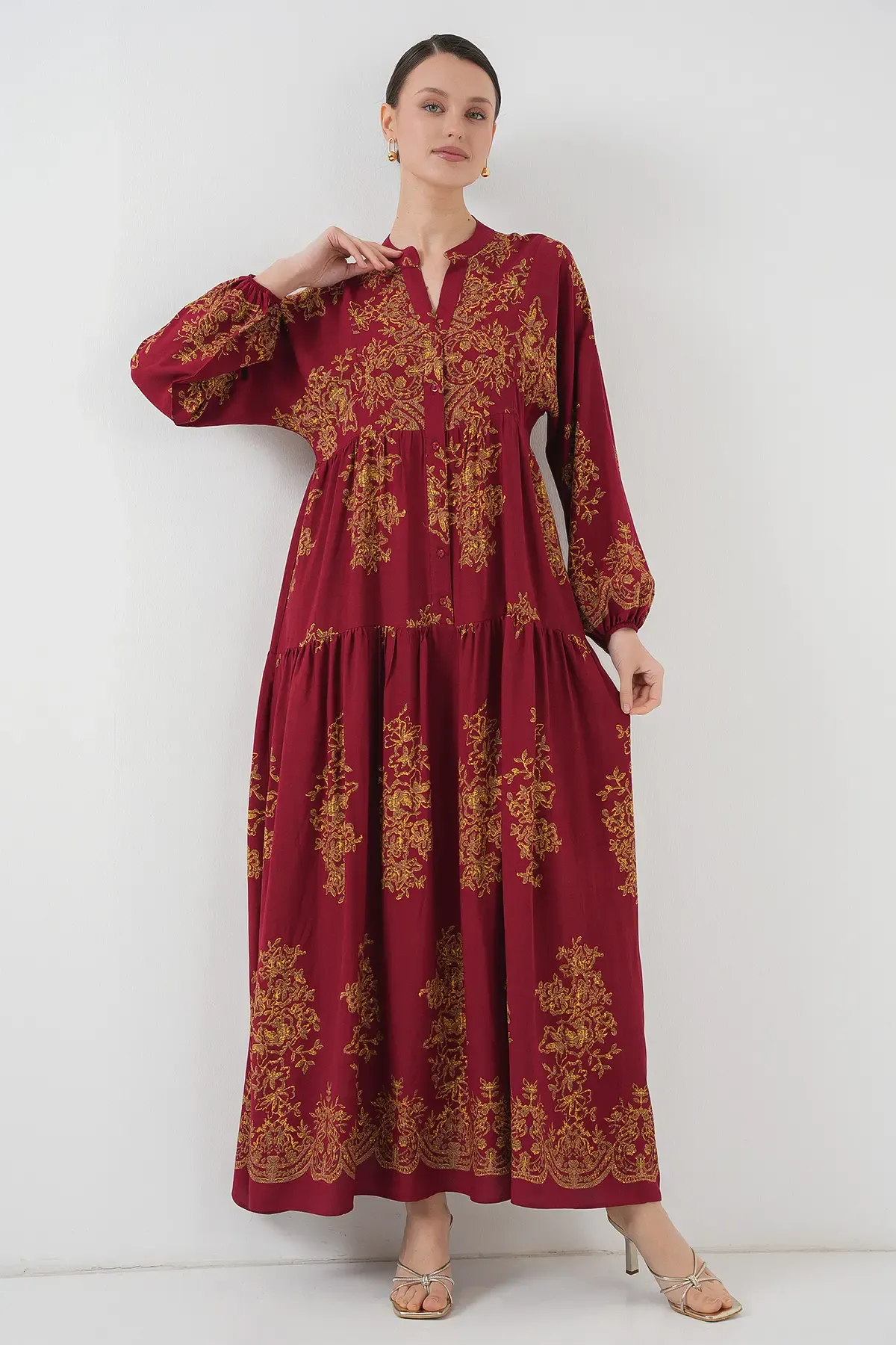 Bordo Gold Desenli Tesettür Elbise 2423