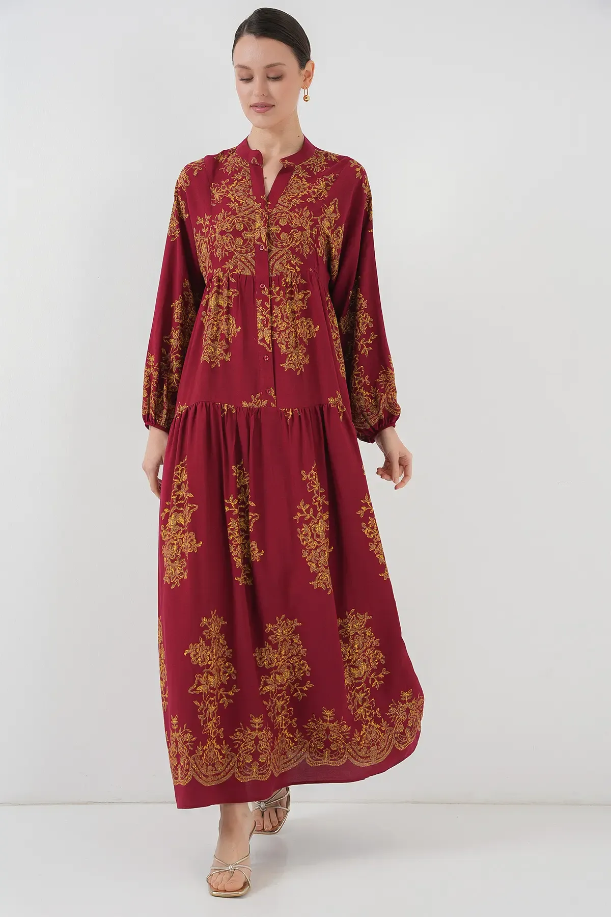 Bordo Gold Desenli Tesettür Elbise 2423