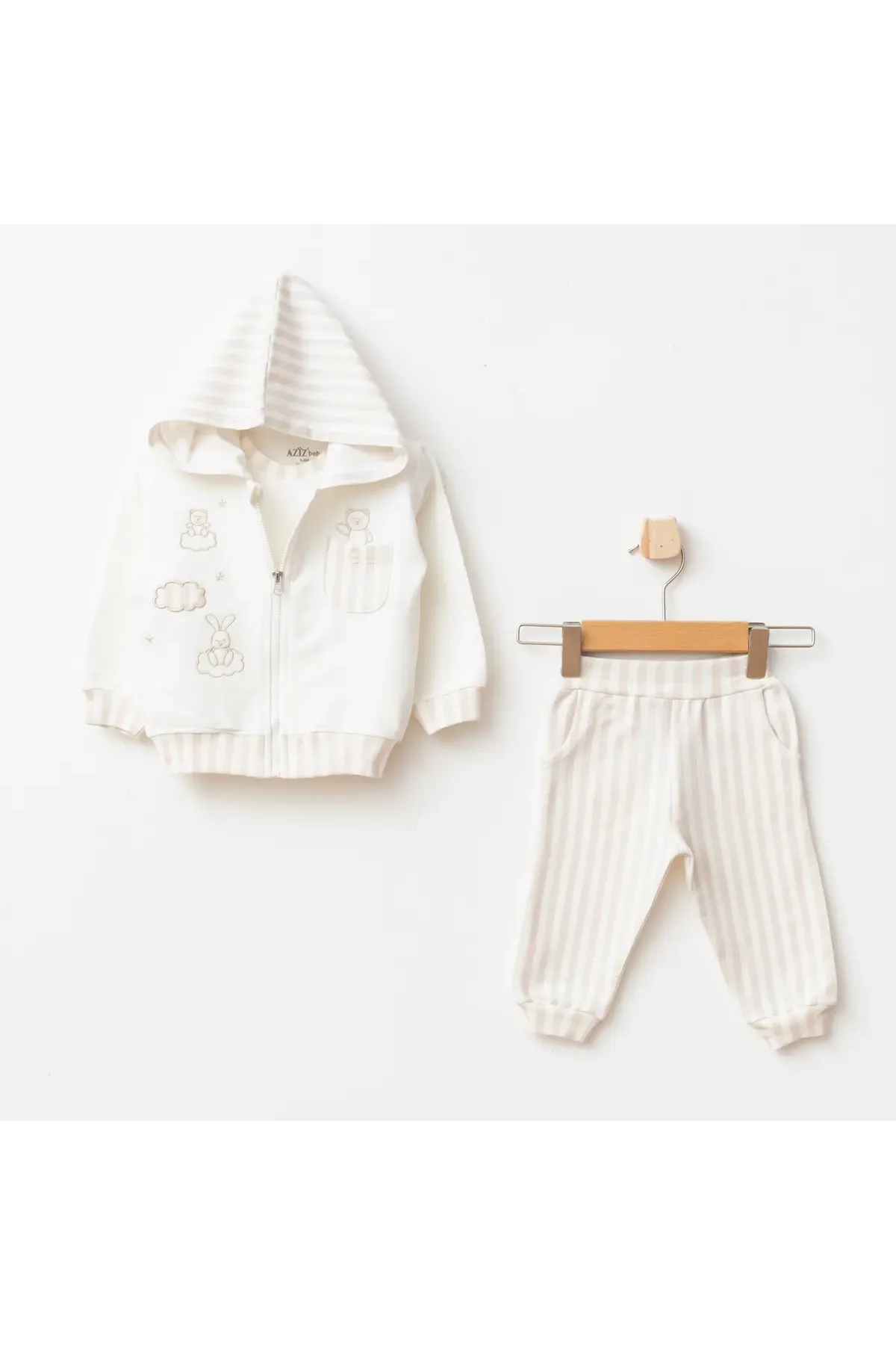 Erkek Bebek Animal Nakışlı Sweatshirt Pantolon T-shirt 3  lü Alt Üst Bebek Takımı 3Ay-36Ay