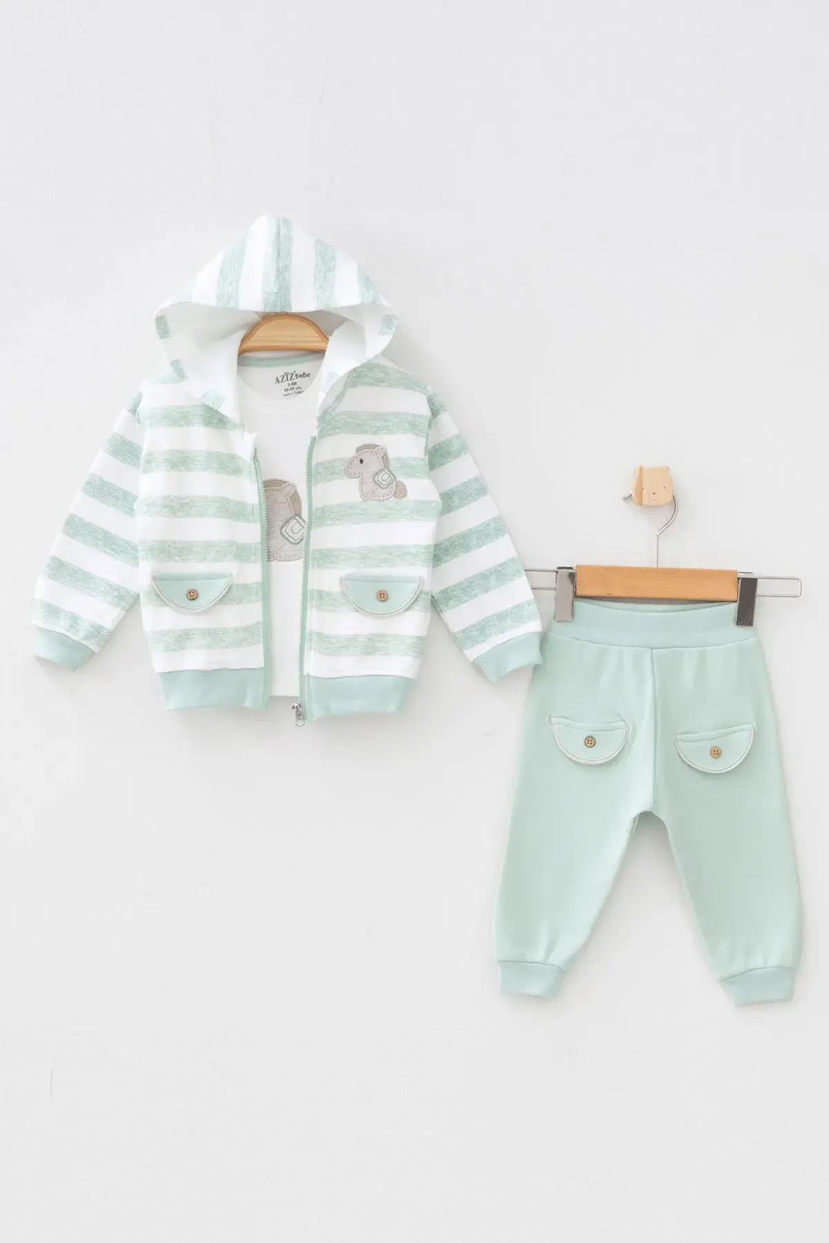 Erkek Bebek At Nakışlı Sweatshirt Pantolon T-shirt 3  lü Alt Üst Bebek Takımı 3 Ay - 36 Ay