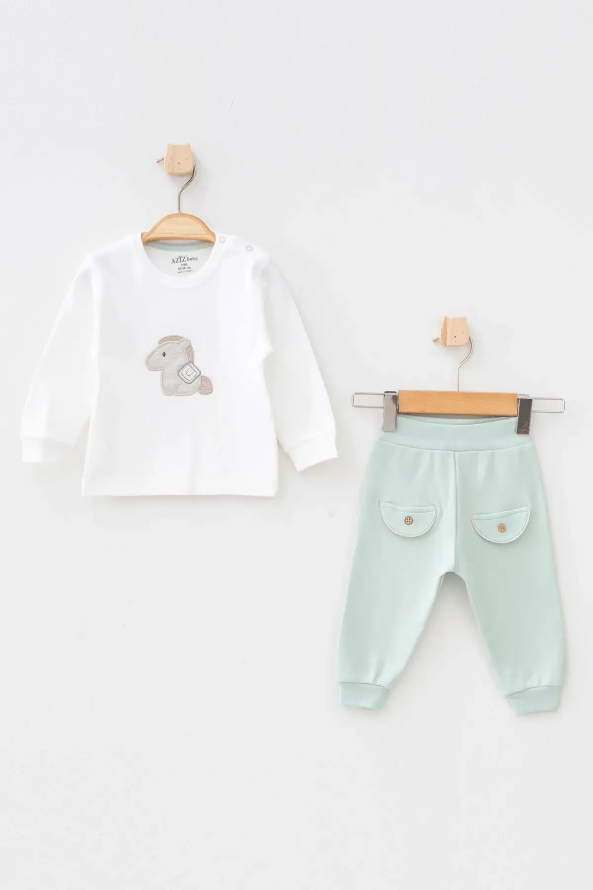 Erkek Bebek At Nakışlı Sweatshirt Pantolon T-shirt 3  lü Alt Üst Bebek Takımı 3 Ay - 36 Ay