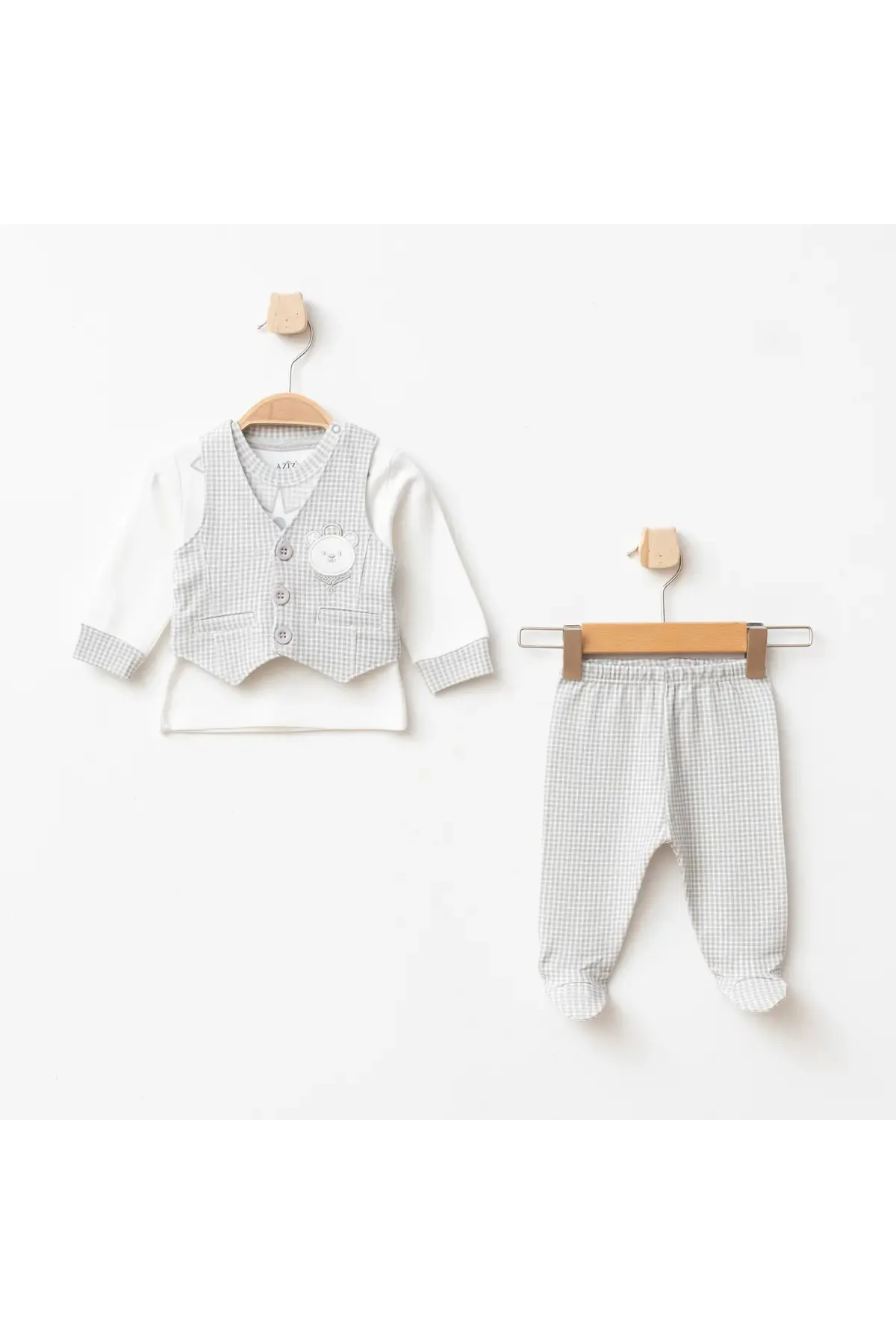 Erkek Bebek Ayı Nakışlı Sweatshirt Yelek Pantolon 3  lü Alt Üst Bebek Takımı 0 Ay - 6 Ay