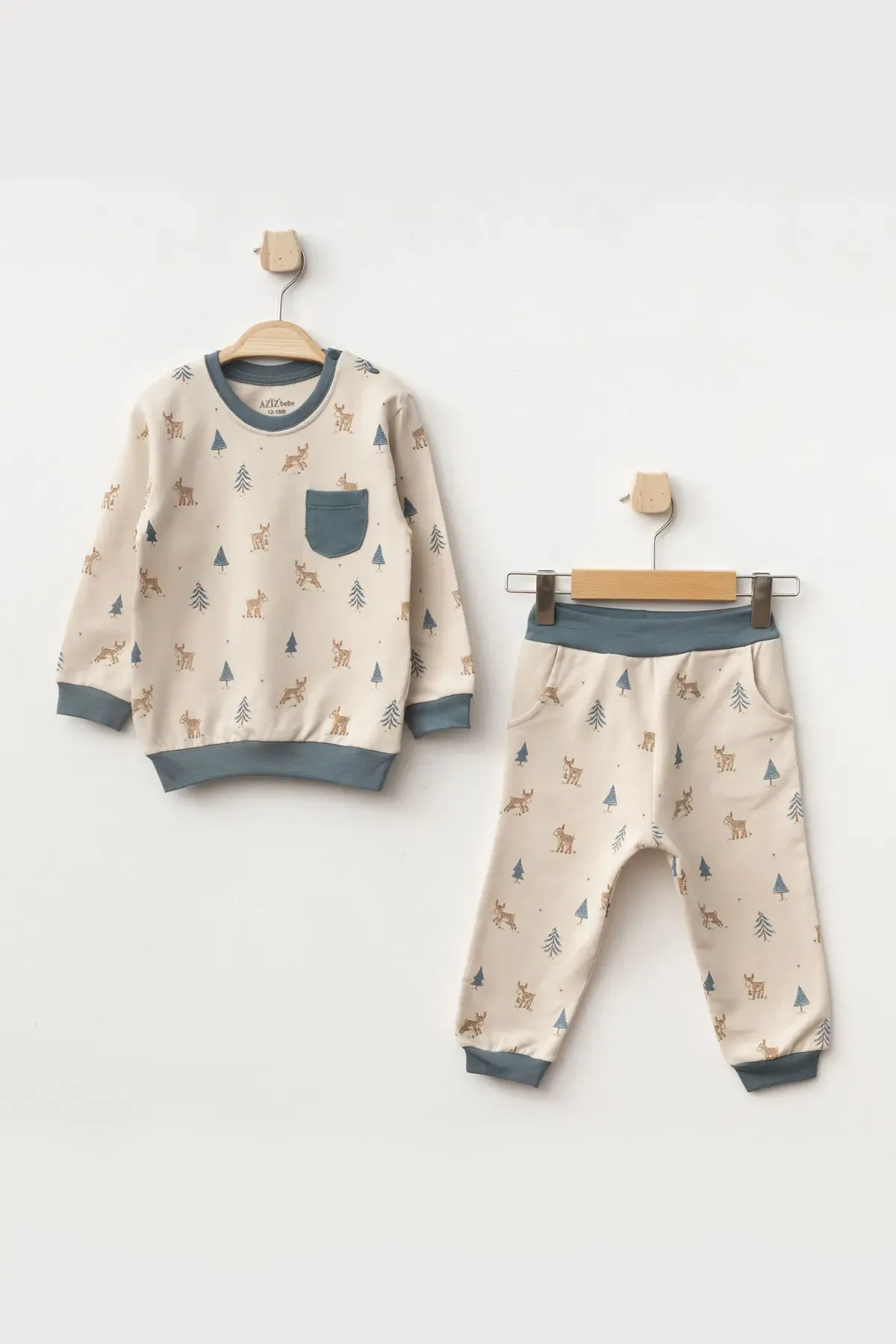 Erkek Bebek Geyik Desenli Sweatshirt Pantolon 2  li Alt Üst Bebek Takımı 3 Ay - 36 Ay