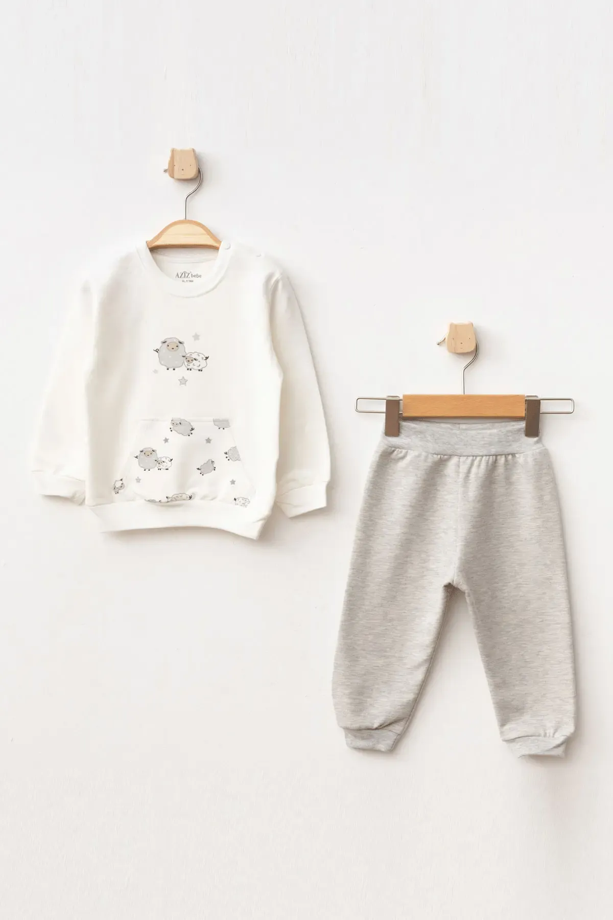 Erkek Bebek Kuzu Desenli Sweatshirt Pantolon 2  li Alt Üst Bebek Takımı 3 Ay - 18 Ay